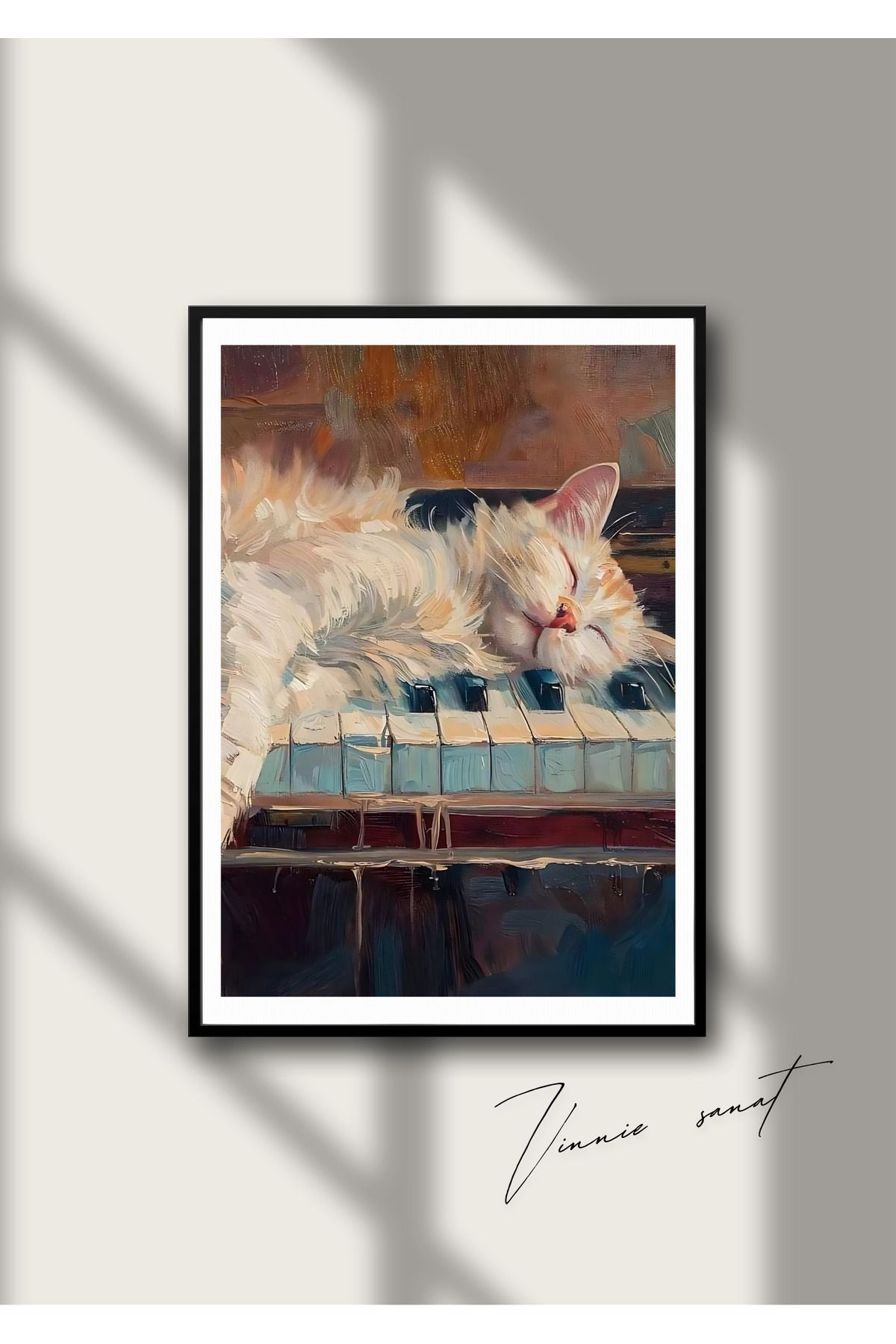 vinnie sanat Piyanist Kedi Ahşap Çerçeveli Tablo
