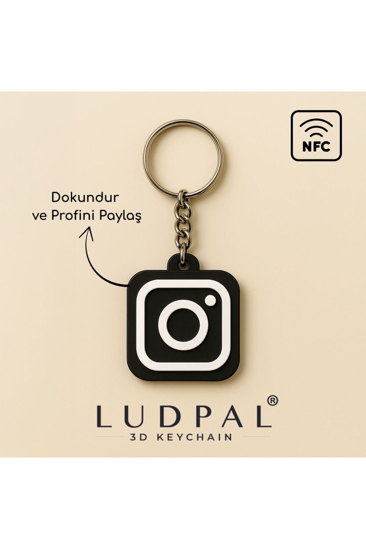 ludpal NFC Destekli Kişiye Özel 3D Instagram Anahtarlık | Siyah Beyaz