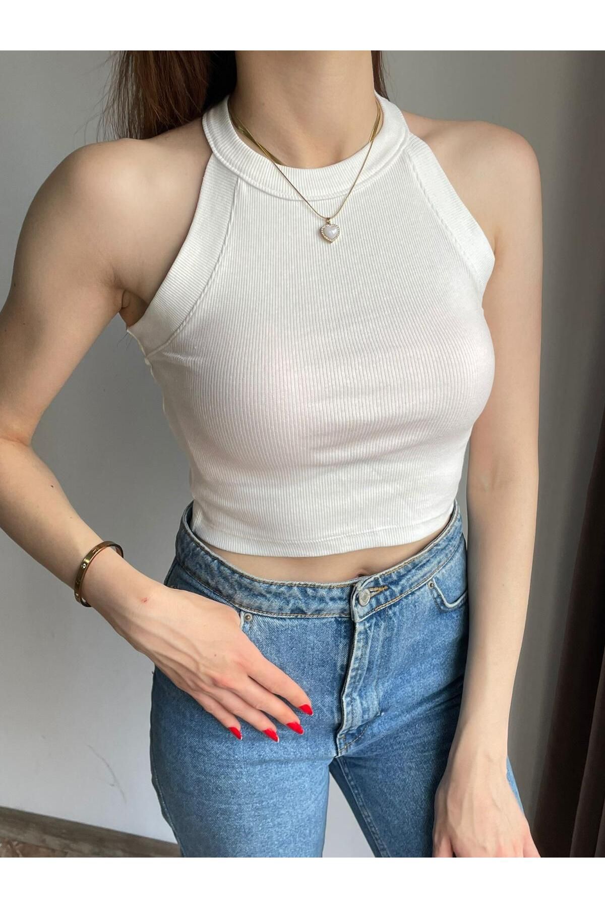 MODA HALTER YAKA BEYAZ ASKILI CROP