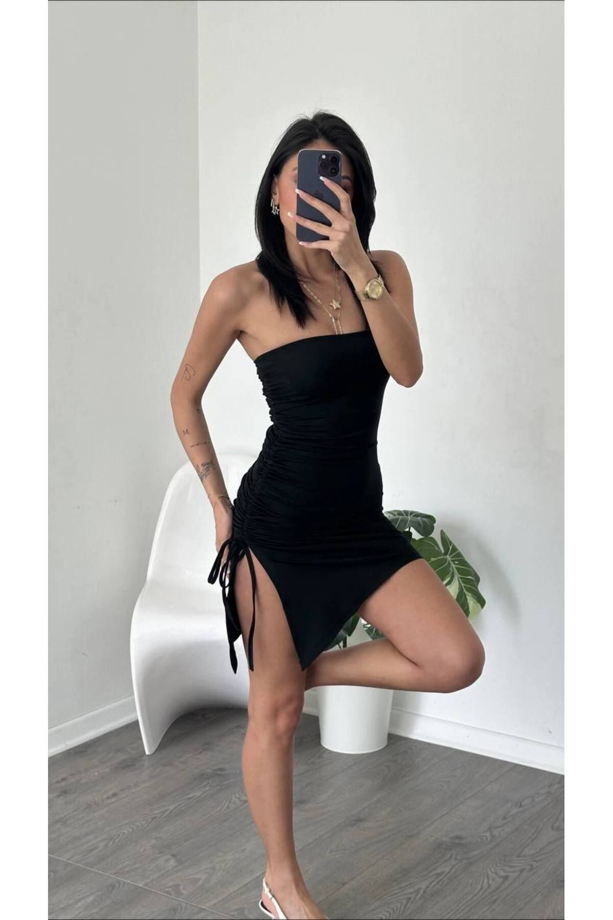 ayday butik Straplez büzgülü elbise
