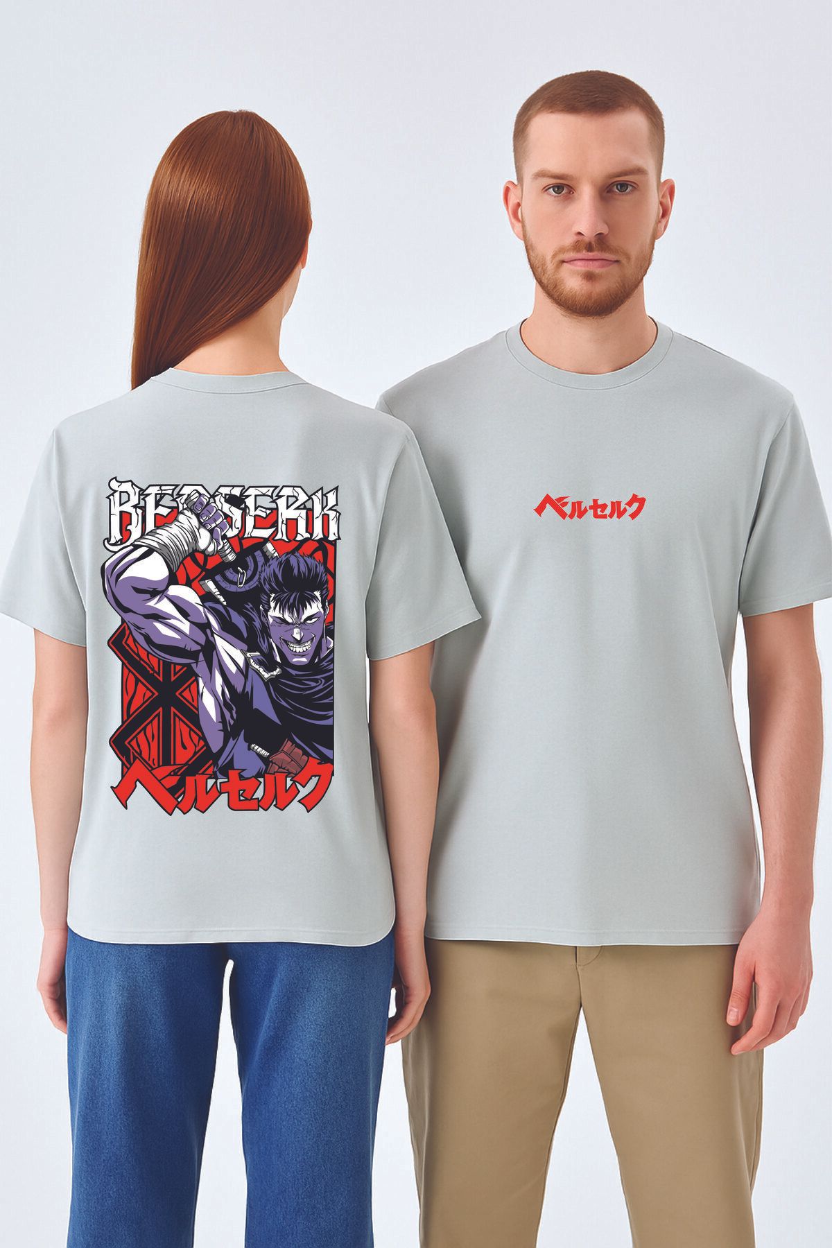 By Caspita Fashion Lenithra Berserk Guts Anime Sırt Baskılı Unisex Oversize Gri T-shirt
