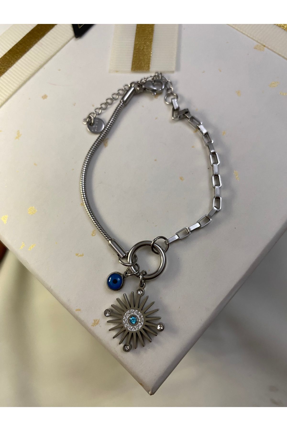 asem jewelry MODERN TASARIM GÜNEŞ VE NAZAR DETAYLI ÇELİK BİLEKLİK