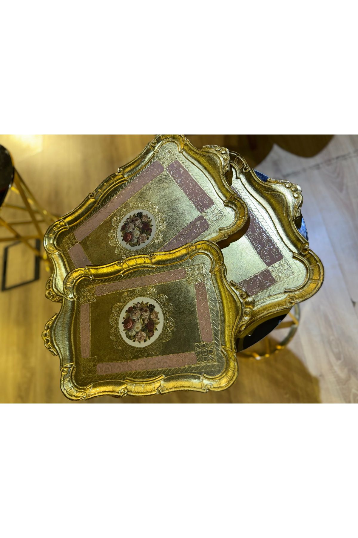 LM ESTERHOMEDECOR 3’lü Orijinal İtalyan damgalı Gül ağacı tepsi 4-6-8 kişilik