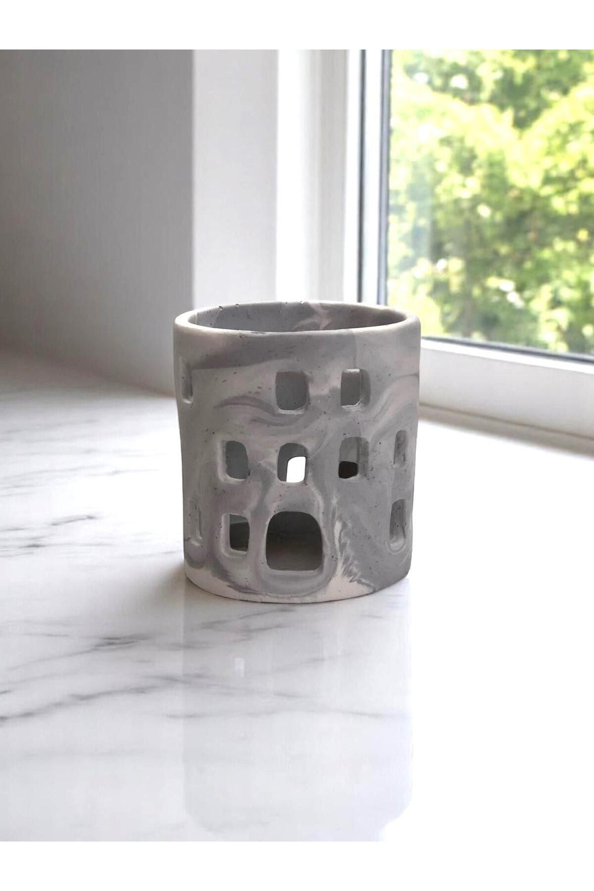 Mum ve Parafin Mermer Desenli El Yapımı Beton Tealight Mumluk & Kalemlik Tealightlık taş tozu