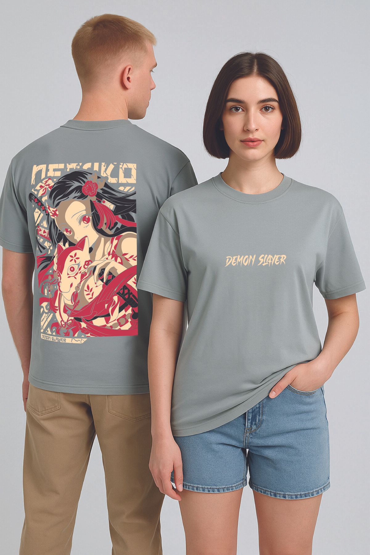 By Caspita Fashion Lenithra Demon Slayer Nezuko Kamado Anime Sırt Baskılı Unisex Oversize Gri T-shirt