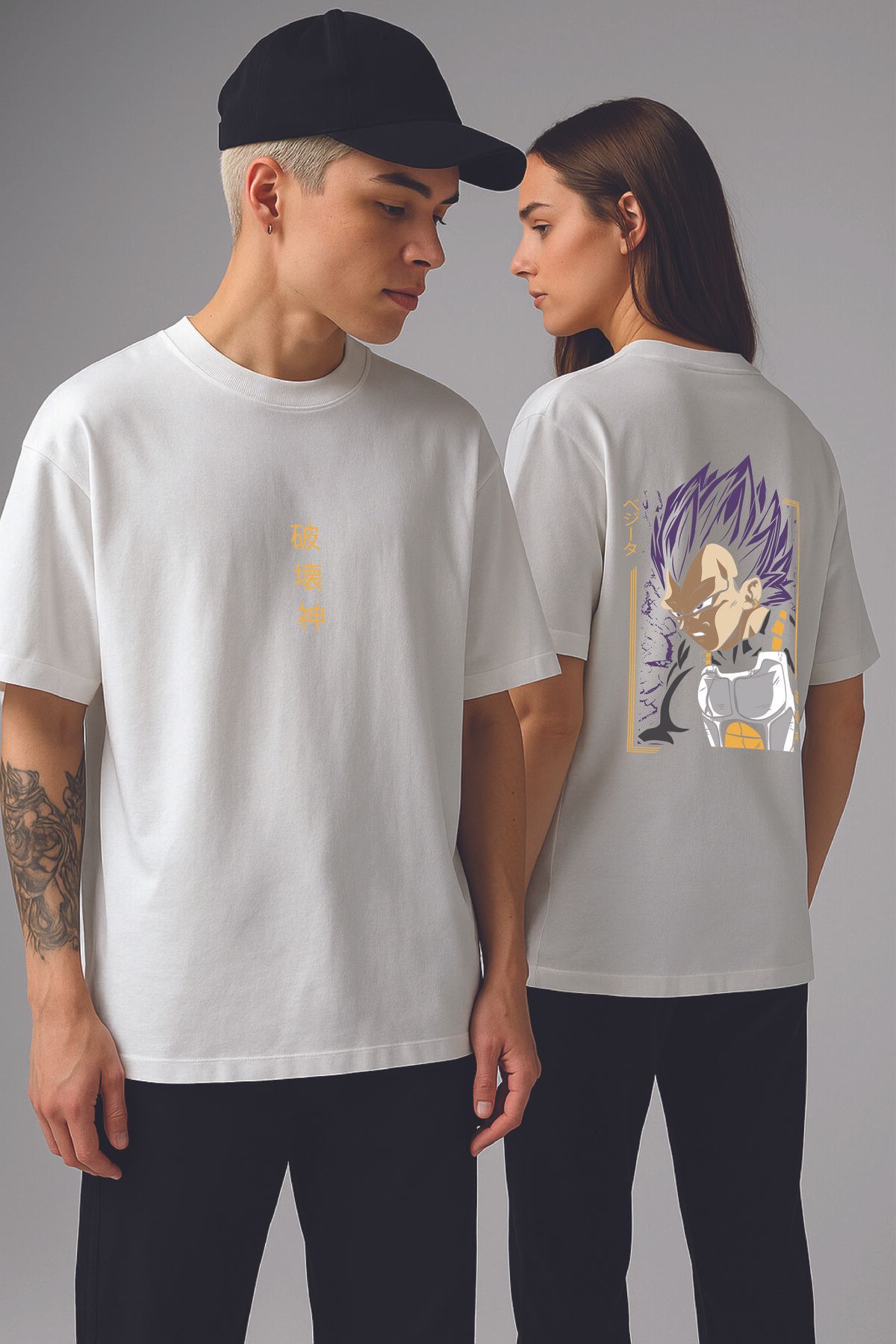 By Caspita Fashion Lenithra Dragon Ball Vegeta Anime Sırt Baskılı Unisex Oversize Beyaz T-shirt