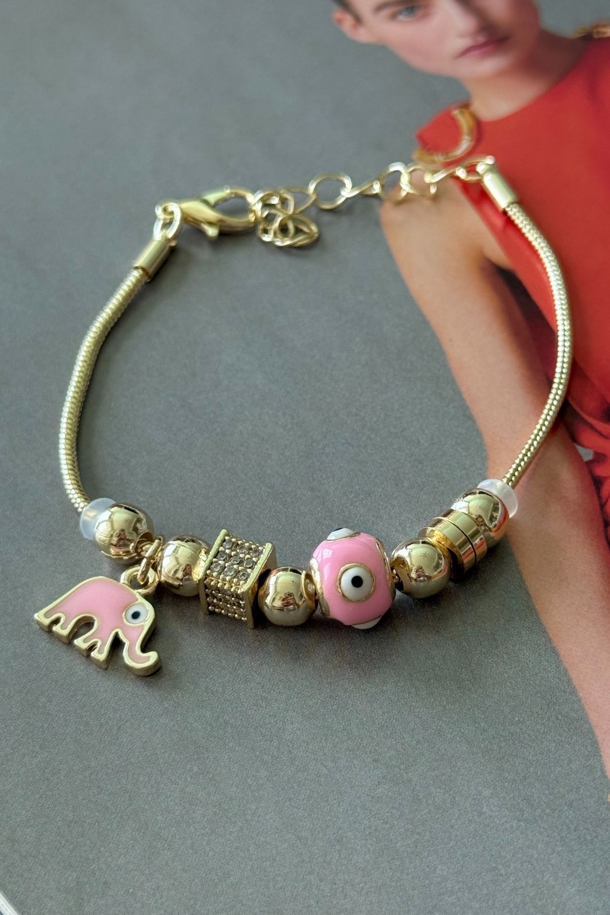 Trendy Butik Pembe Mineli Fil Bileklik