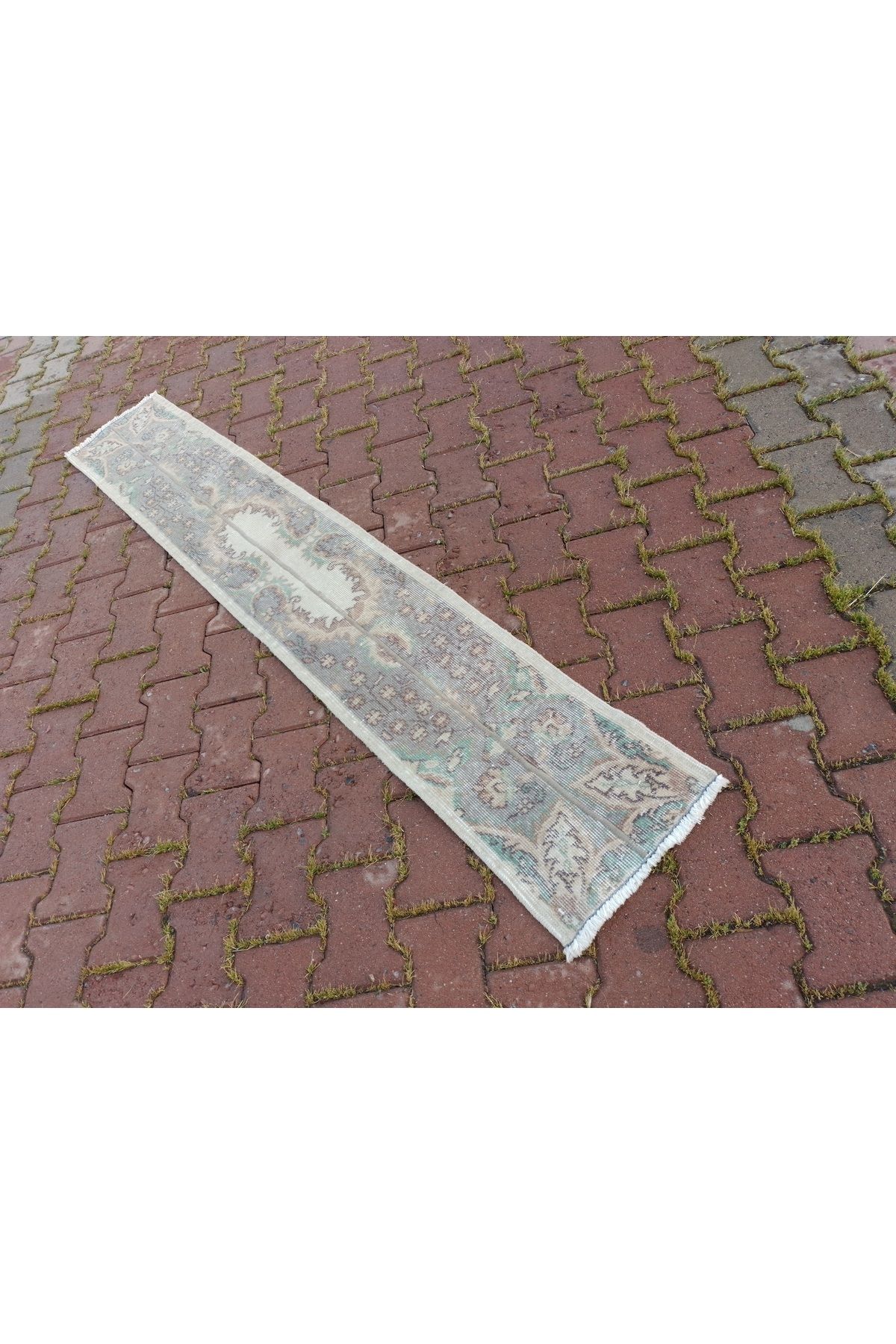 ŞAHMERDANOĞLU 37 x 213 Cm El Dokuması Vintec-Eskitme Mini Yolluk Halı, Banyoya Bohem Dekor TUT