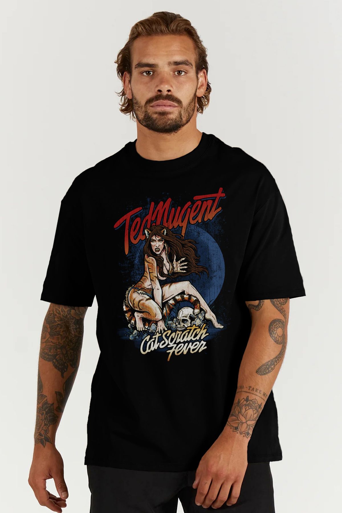 MODA Ted Nugent Hard Rock Baskılı Oversize Kalıp Siyah Geniş Bol Kesim Erkek Tişört