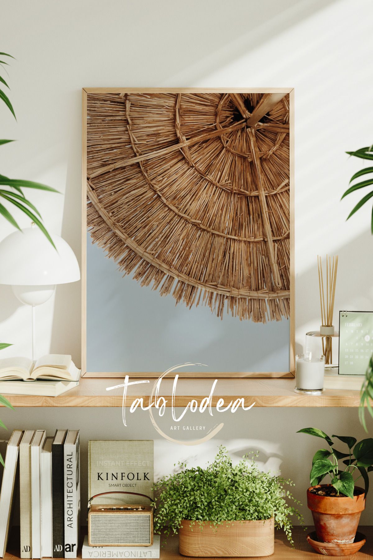 tablodea Hasır Şemsiye Temalı Bohem Dekor Çerçeveli Poster Tablo, Minimalist Dekoratif Modern Duvar Tablosu