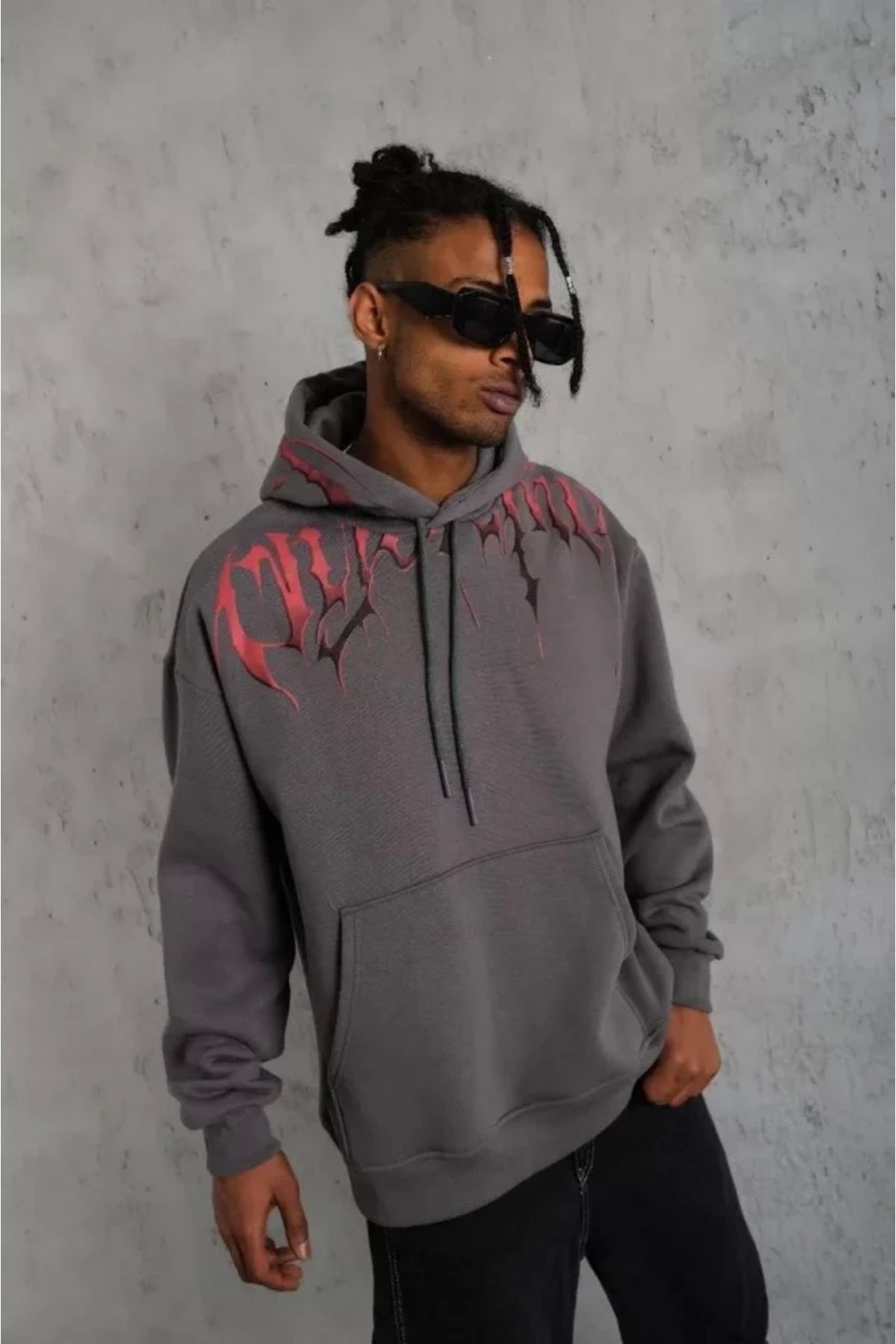 Butik Erkek Ön Ve Arka Baskılı Kapüşonlu 3 İplik Sweatshirt - Füme