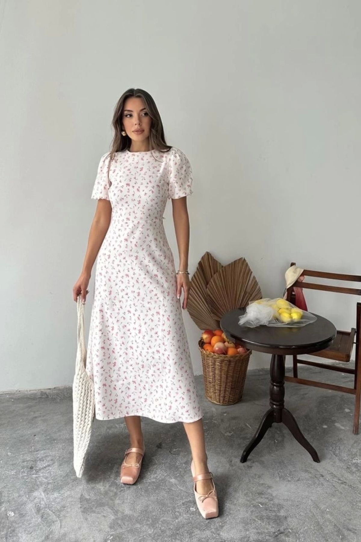 Butik Pembe Dijital Baskılı Atlas Elbise