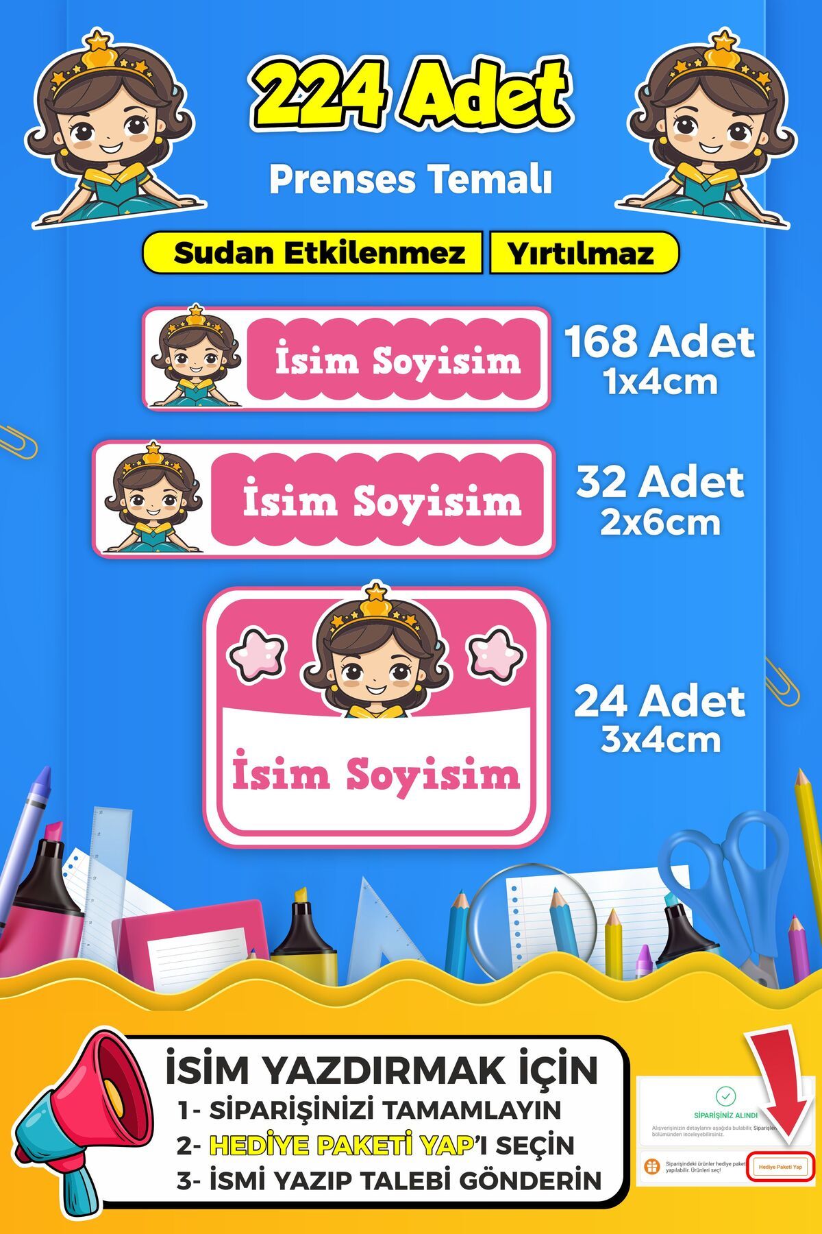SB store Prenses Temalı Okul Kreş Kişiye Özel İsim Etiket Seti - Model 305