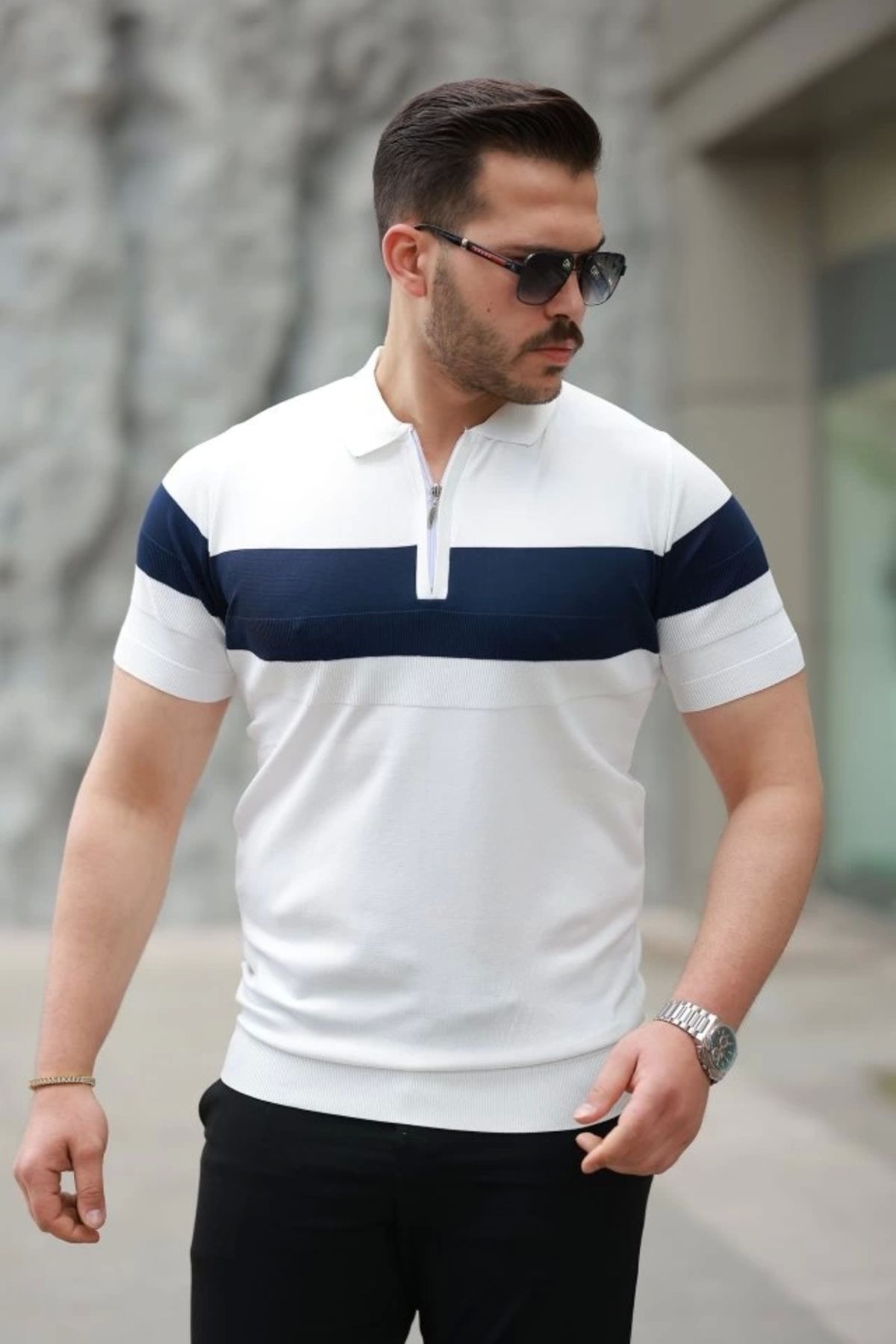 Butik Erkek Fermuar Yakalı şerit Renk Desenli Kısa Kollu Tişört