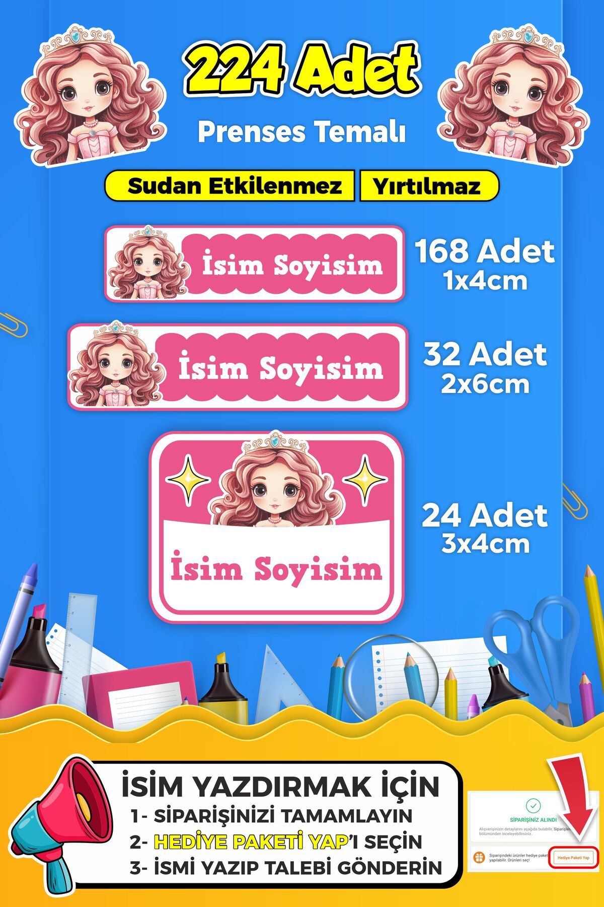 SB store Prenses Temalı Okul Kreş Kişiye Özel İsim Etiket Seti - Model 309