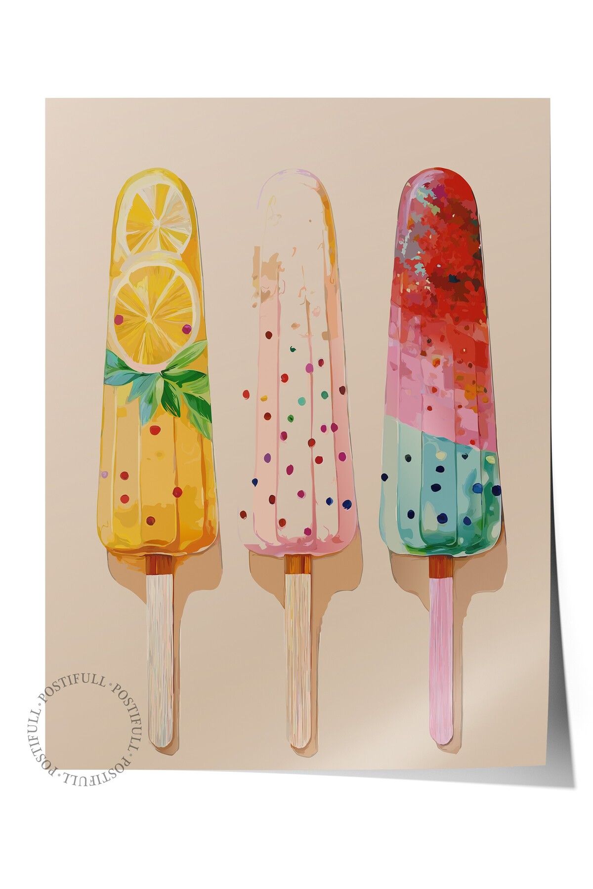 Postifull Çerçevesiz Duvar Posteri, Dondurma, Limon, illüstrasyon, Whimsical, Pastel Tonlar, Çok Renkli Renk P