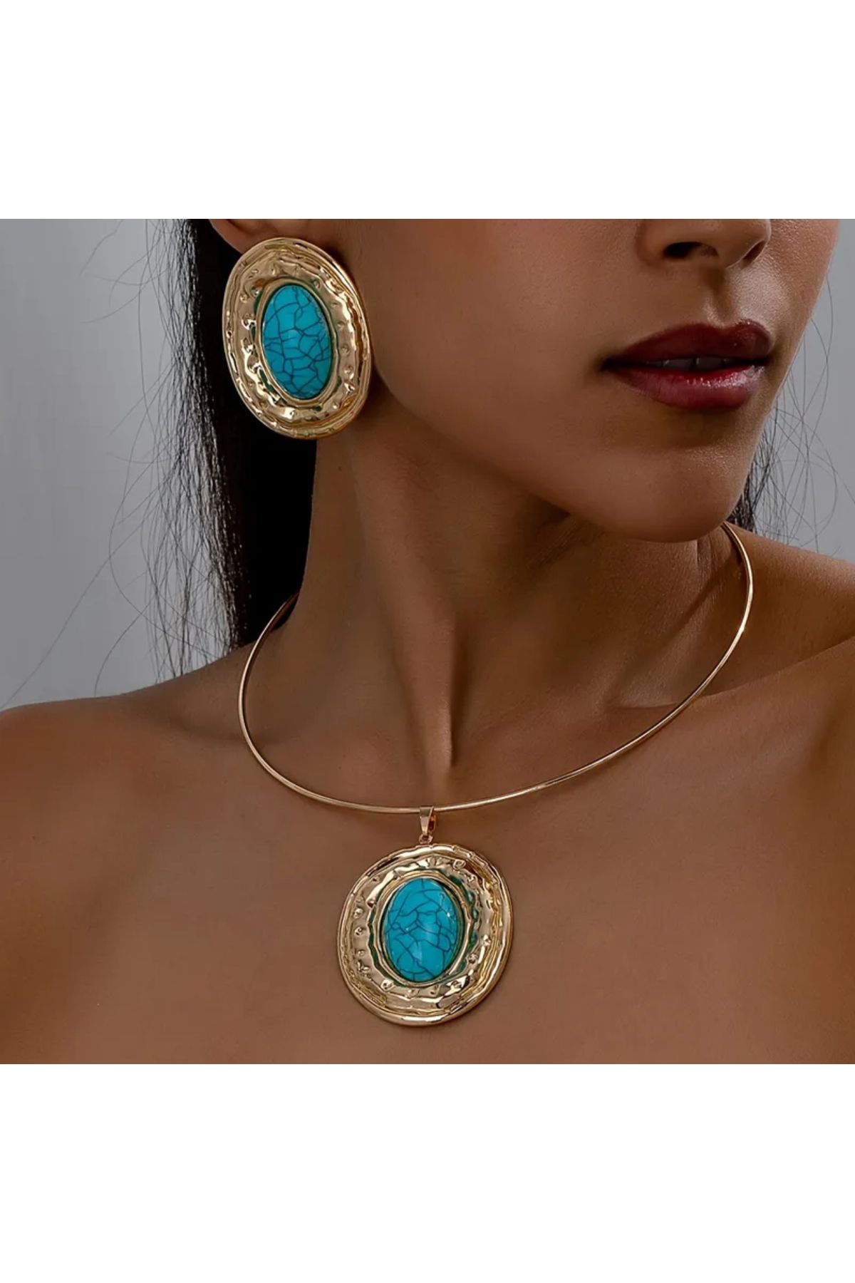 HOSBUTIK Gold mavi küpe kolye seti