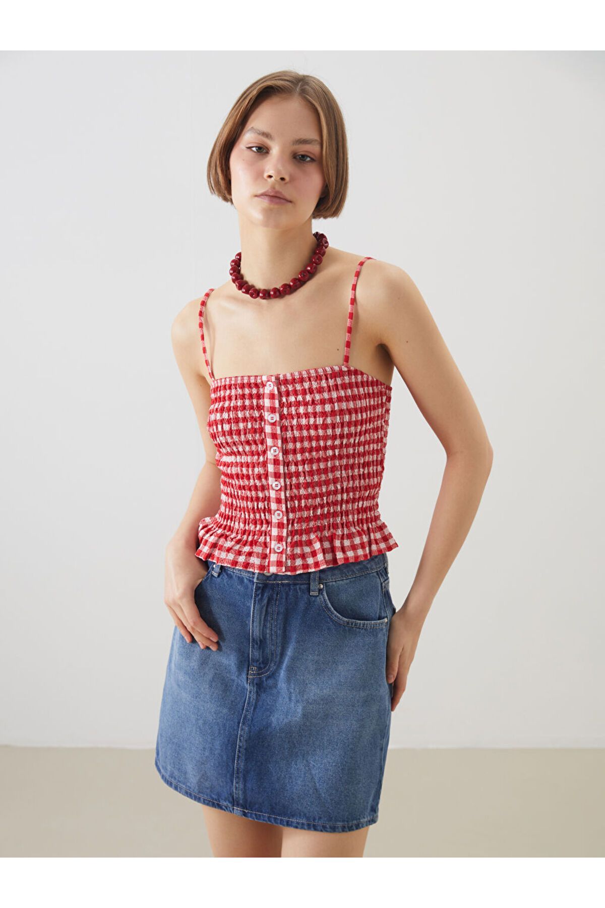 LC Waikiki XSIDE Kirmizi Kare Yaka Ekose Crop Bluz
