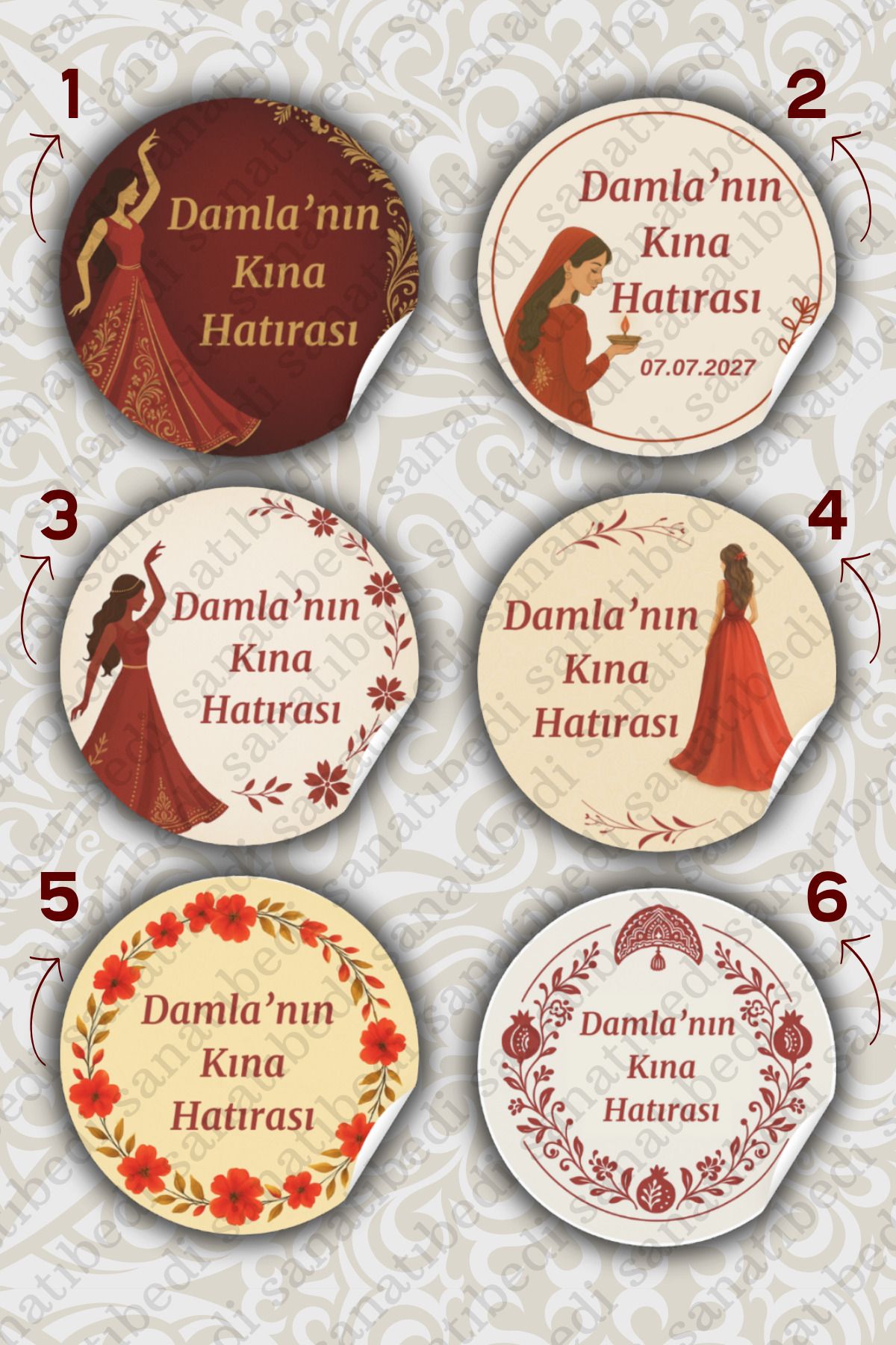 sanatıbedi Kişiye Özel Kına Gecesi Etiketi - Suya Dayanıklı Etiket - Söz Düğün Nişan Sticker (3X3CM) 50 Adet