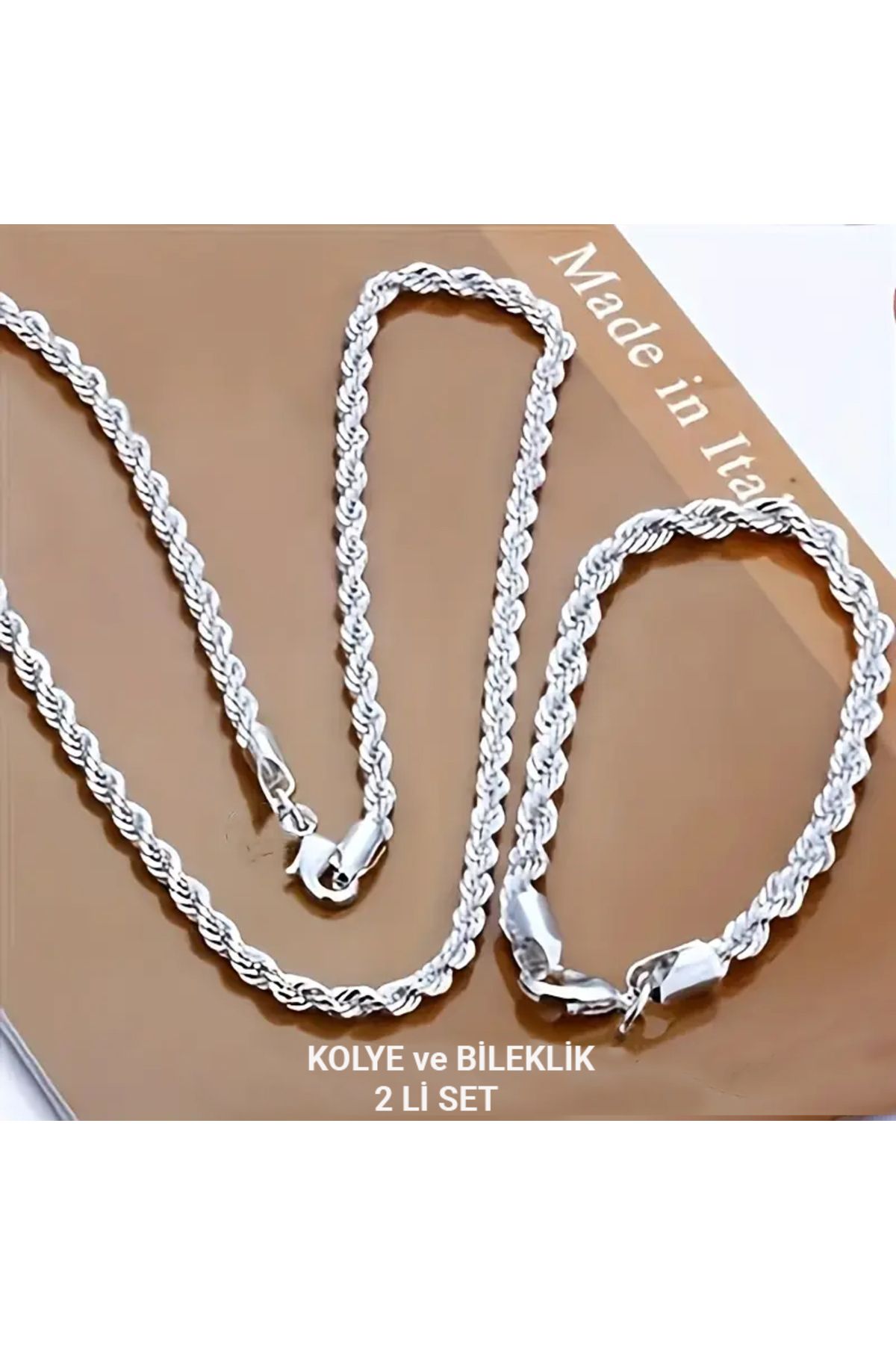 COOL LADIES Gümüş Kaplama Çelik Bükümlü Halat Zincir Kolye ve Bileklik Seti – Şık ve Lüks Tasarım - 2'li Set