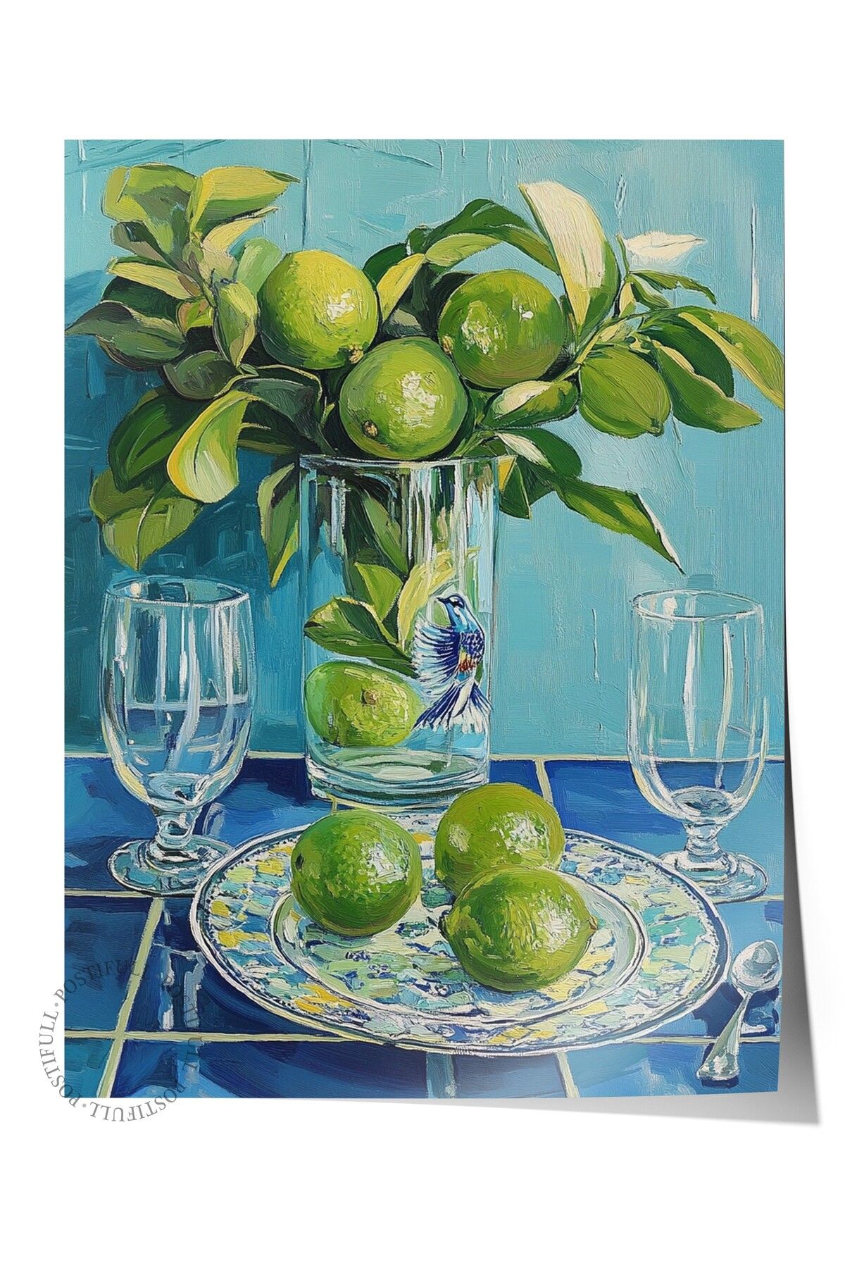 Postifull Çerçevesiz Duvar Posteri, Limon, Vazo, Tabak, Yağlıboya Tablo, Yeşil, Mavi Renk Poster, 2025 Yaz Seç
