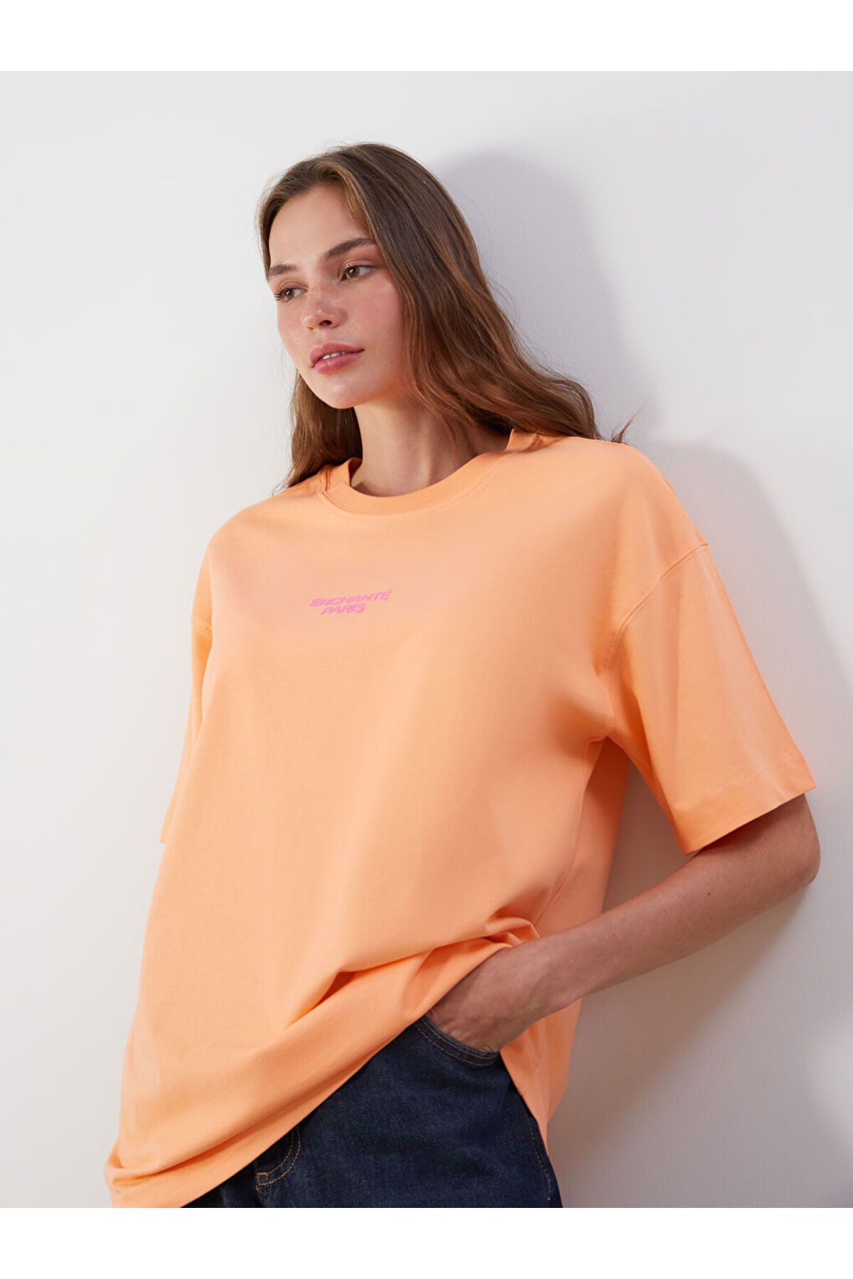 LC Waikiki Bisiklet Yaka Paris Baskılı Oversize Kadın Tişört