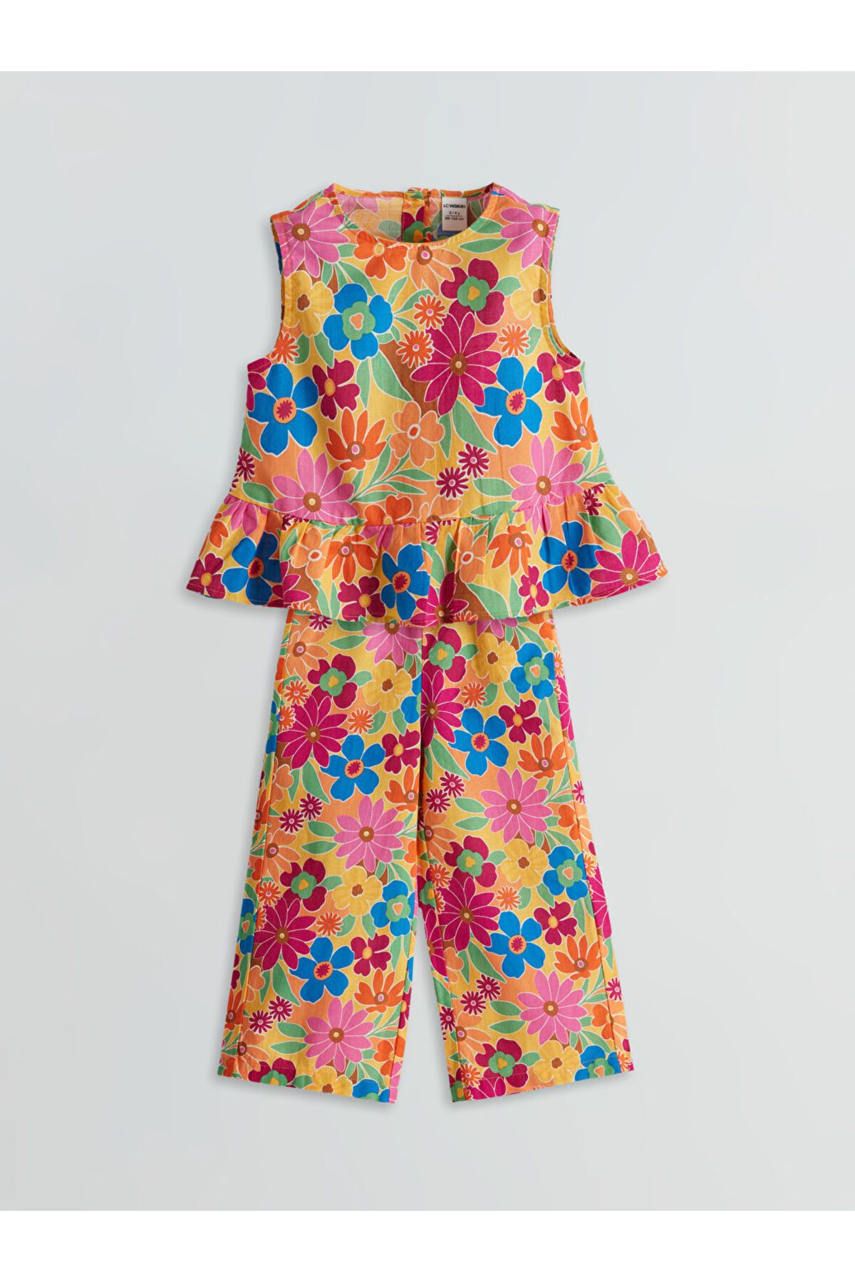 LC Waikiki LCW baby Turuncu Bisiklet Yaka Çiçekli Kız Çocuk Bluz ve Pantolon 2'li