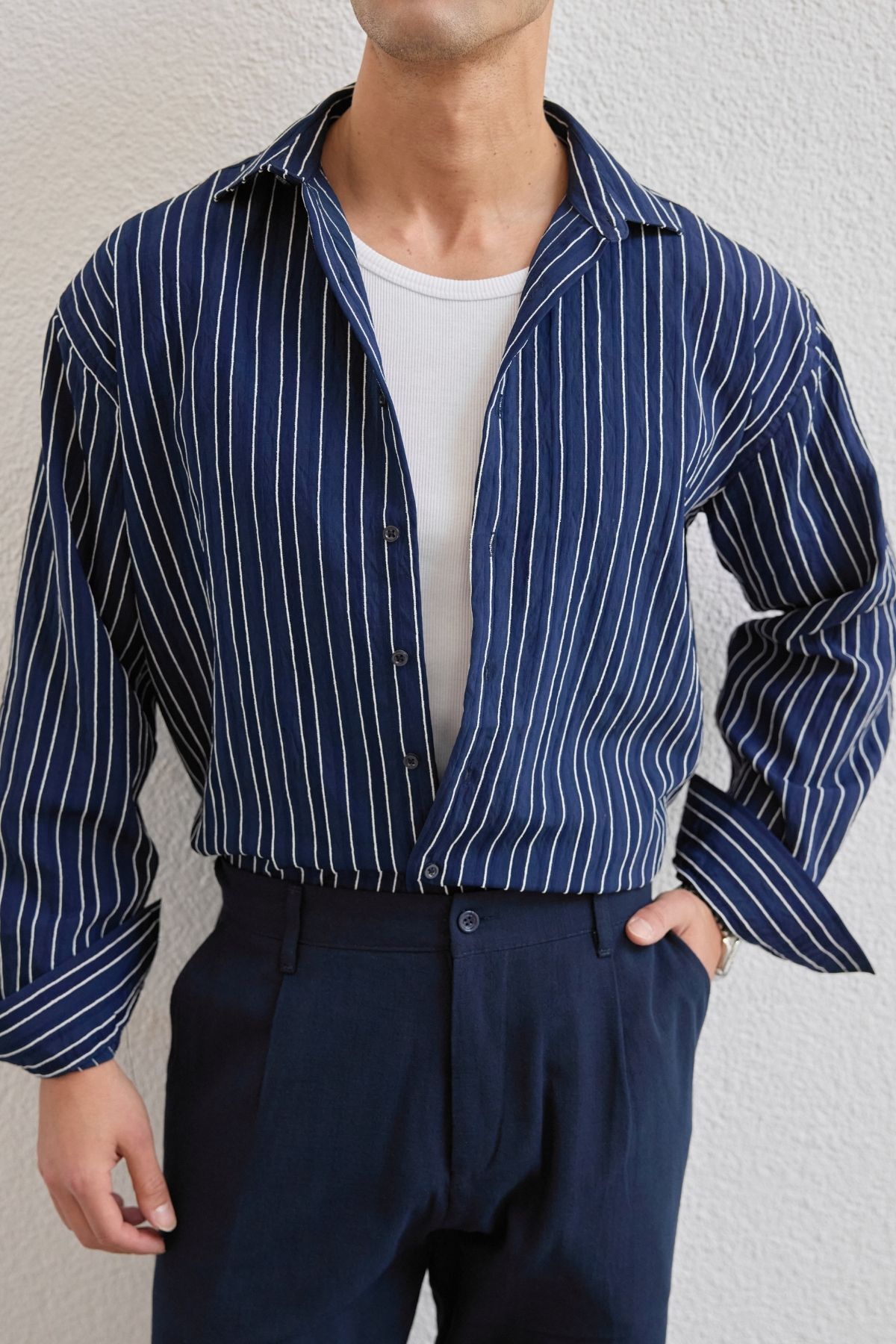 Livio Ferri Tugur Erkek Çizgili Oversize Premium Gömlek Soft Touch Refined Comfort