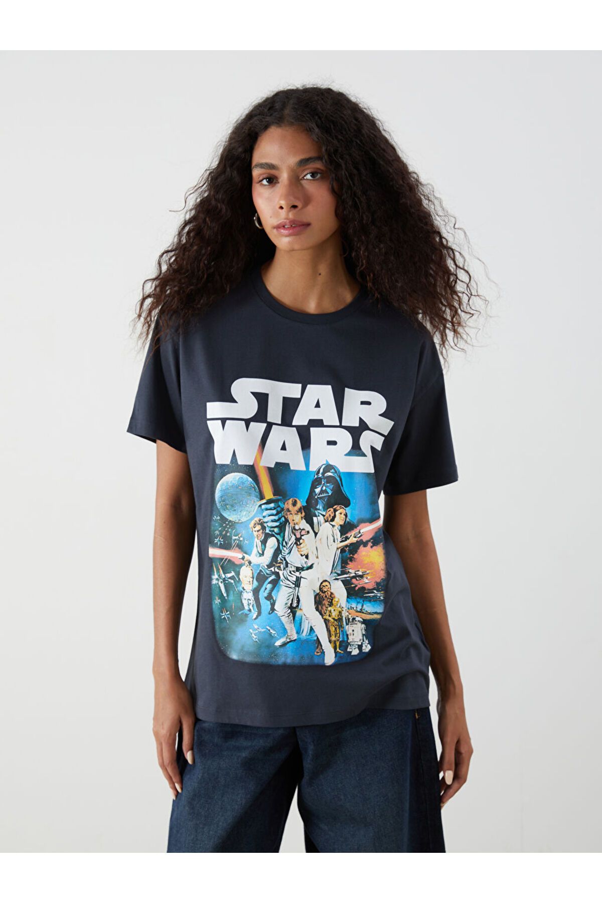 LC Waikiki XSIDE Antrasit Bisiklet Yaka Star Wars Baskılı Kadın Tişört