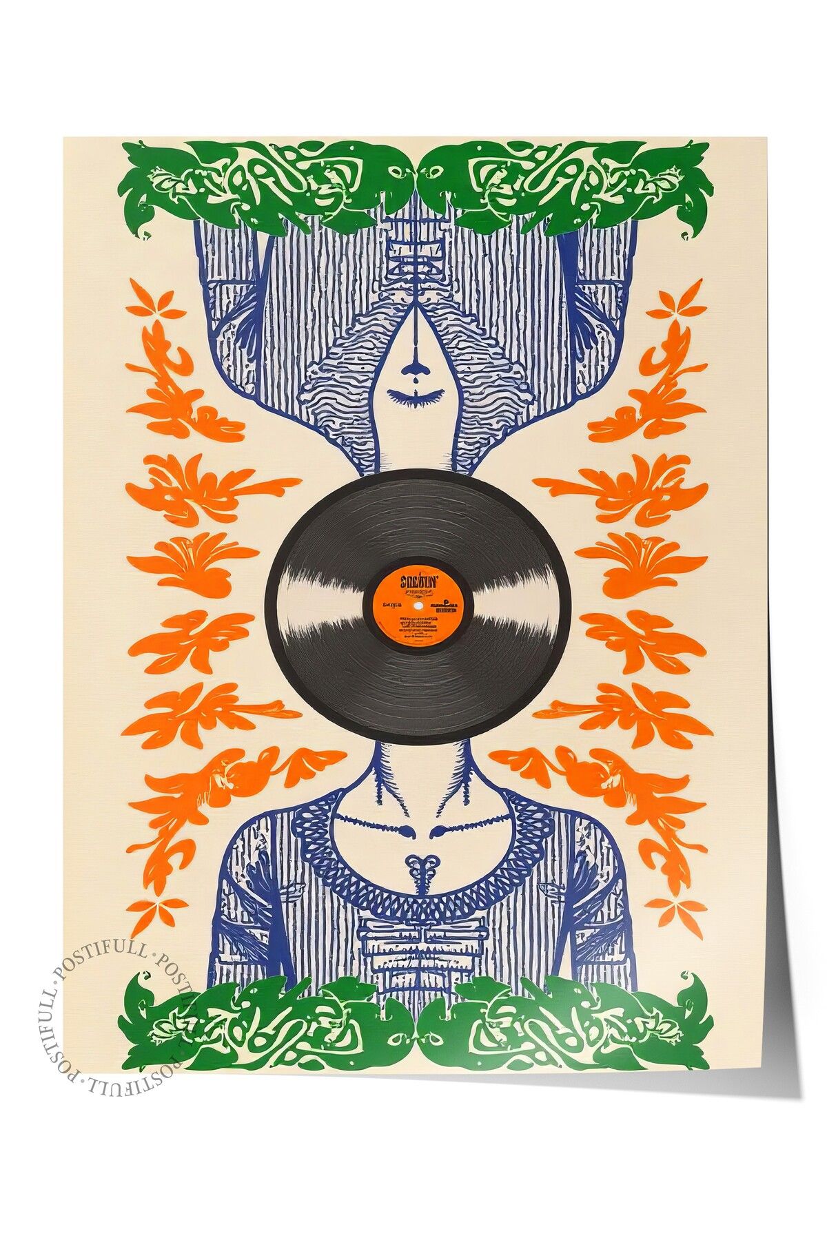 Postifull Çerçevesiz Duvar Posteri, Plak Kadını, İllüstrasyon, Maximalist, Turuncu Renk Poster, 2025 Yaz Seçki