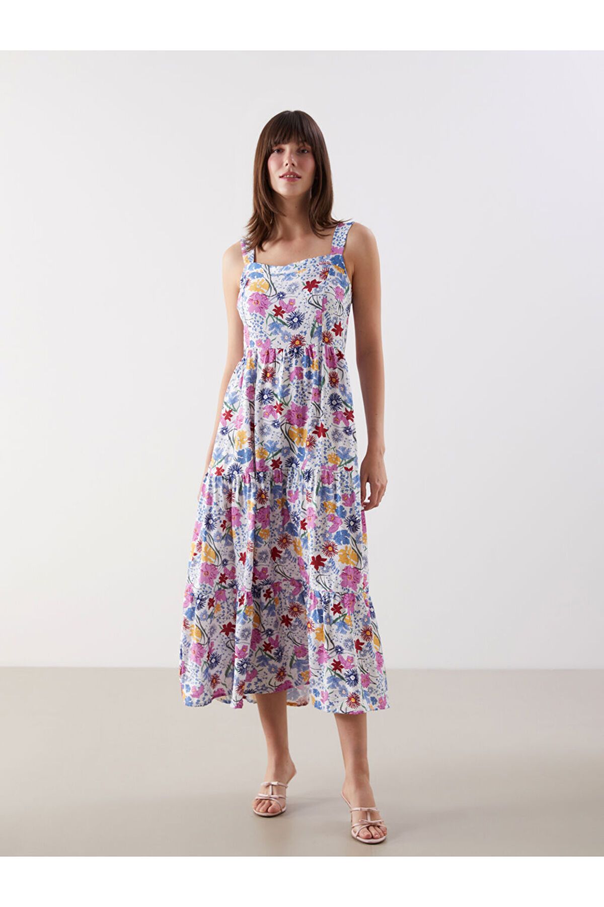 LC Waikiki LCW Kare Yaka Çiçekli Poplin Elbise