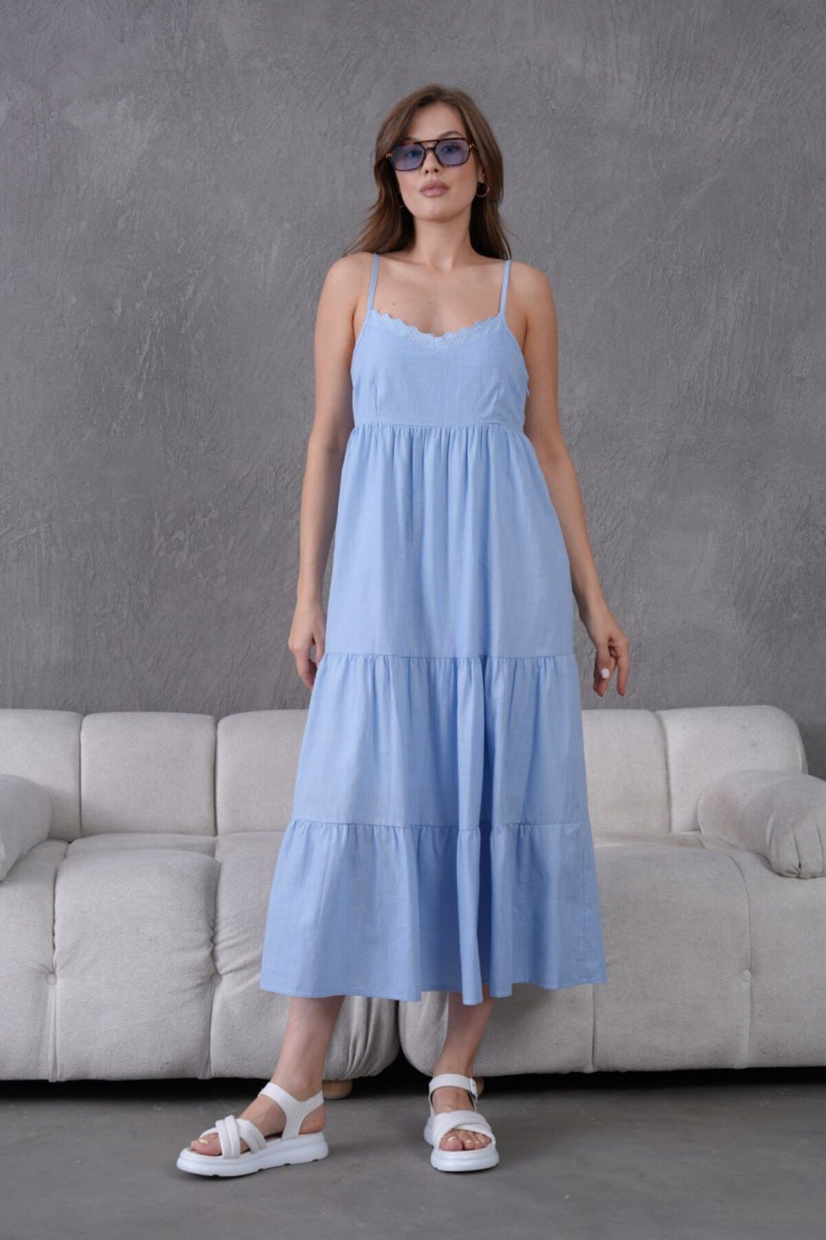 Noi Belis Astarlı Maxi Boy A-Kesim Dantel Detaylı Askılı İnce Yazlık Elbise SS25EL0022
