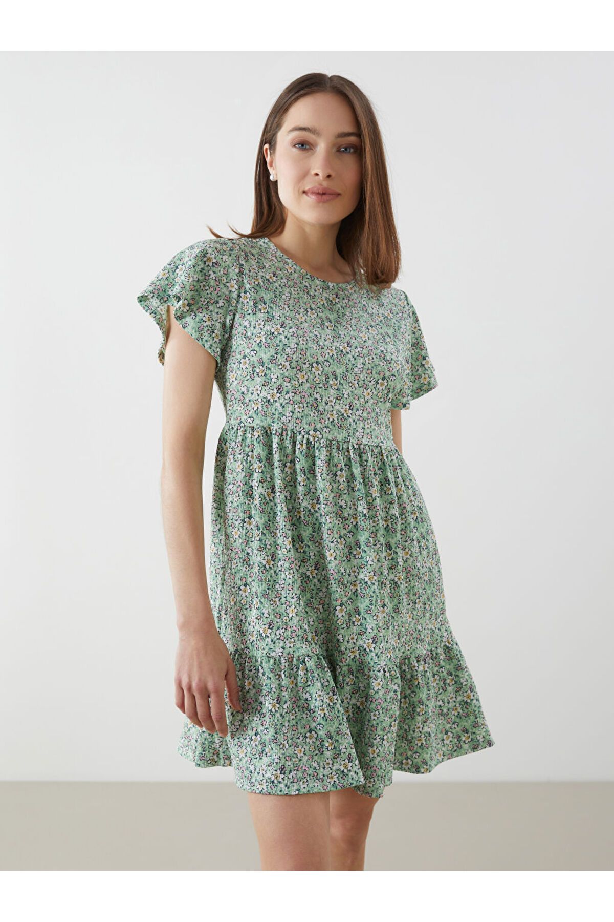 LC Waikiki LCW Bisiklet Yaka Çiçekli Mini Elbise