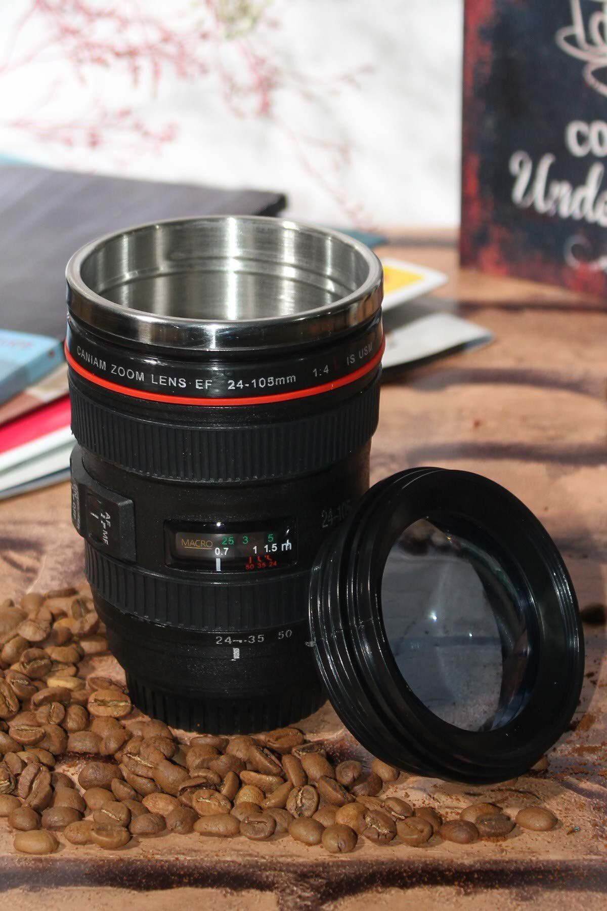 Wolawood Lens Kamera Objektif Tasarımlı Çelik Kupa Bardak Paslanmaz İçli Su Kahve Çay Hediyelik