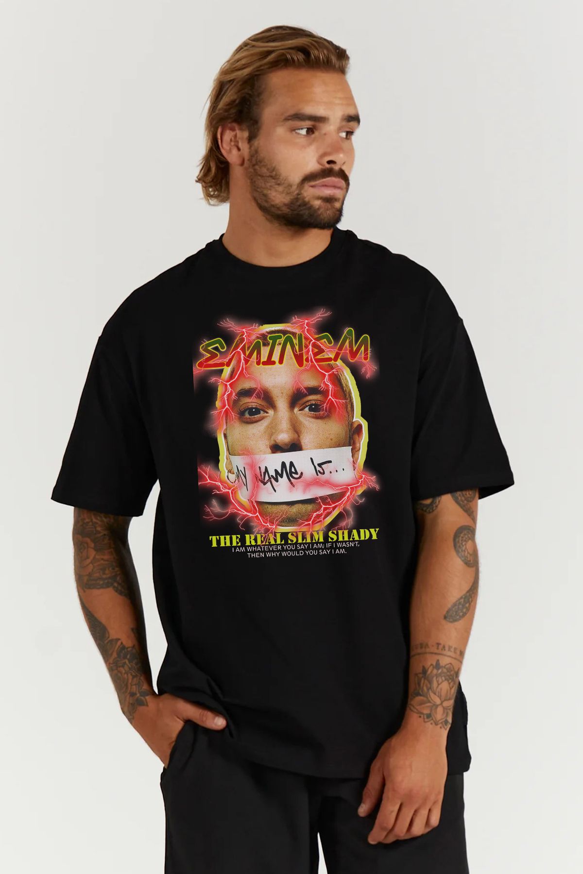MODA Eminem Baskılı Oversize Kalıp Siyah Geniş Bol Kesim Erkek Tişört