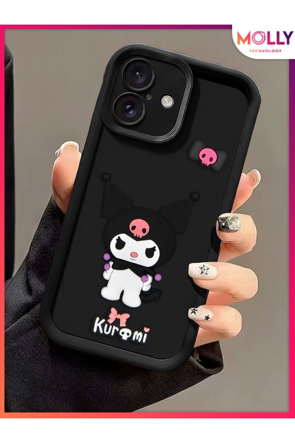 Molly iPhone 16 İçin Siyah Kenarları Kalın 3d Kabartmalı Kawaii Kuromi Silikon Kılıf