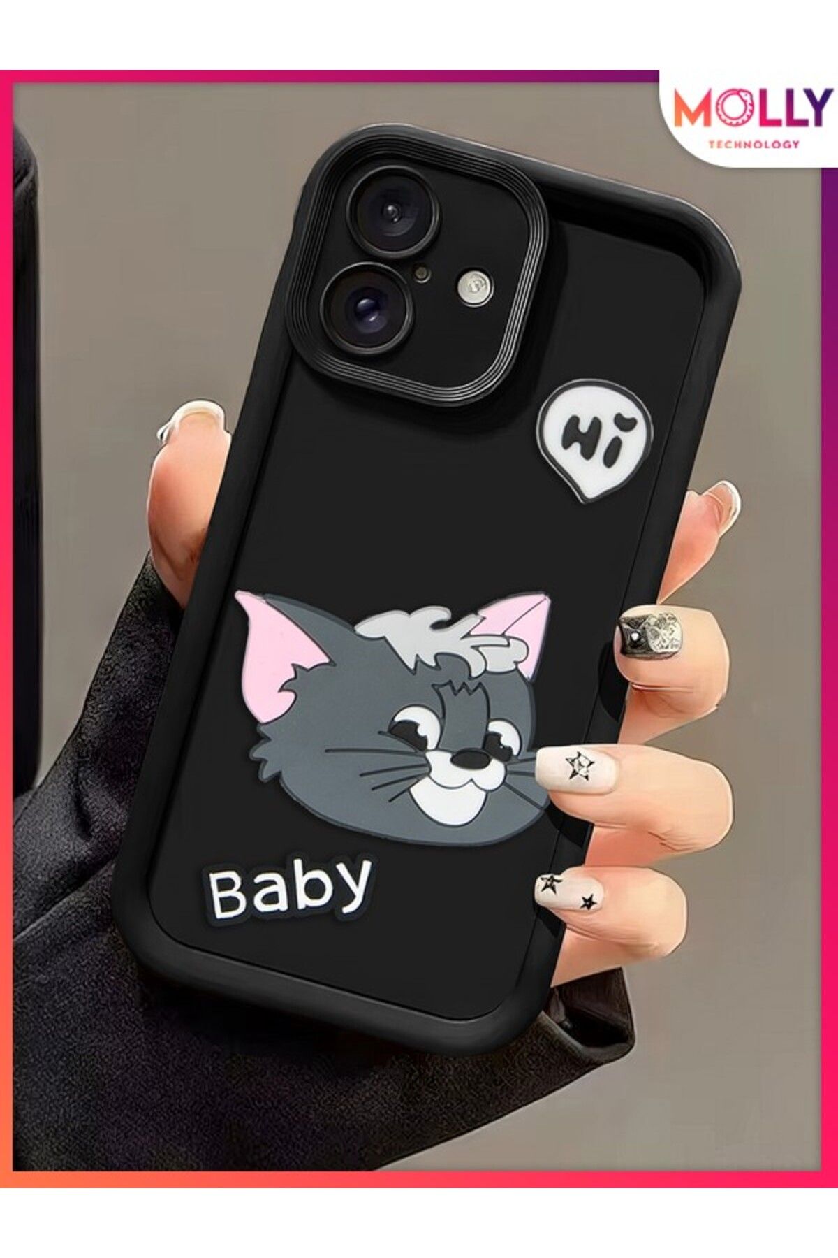 Molly iPhone 16 İçin Siyah Kenarları Kalın 3d Kabartmalı Baby Tom Silikon Kılıf