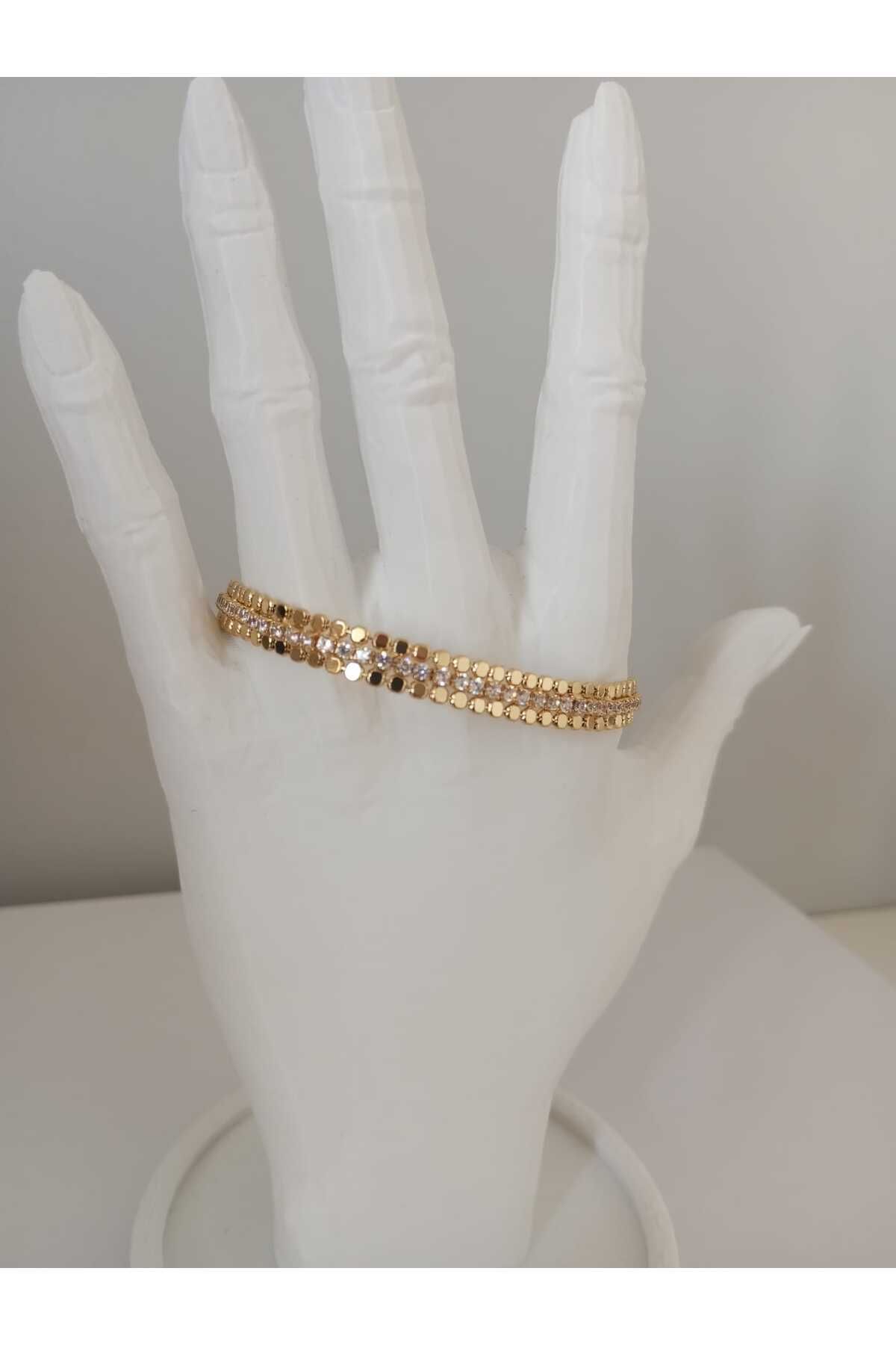 sessjewelry Kadın Gold Ortası Zirkon Taşlı 14 K Altın Kaplama Bileklik