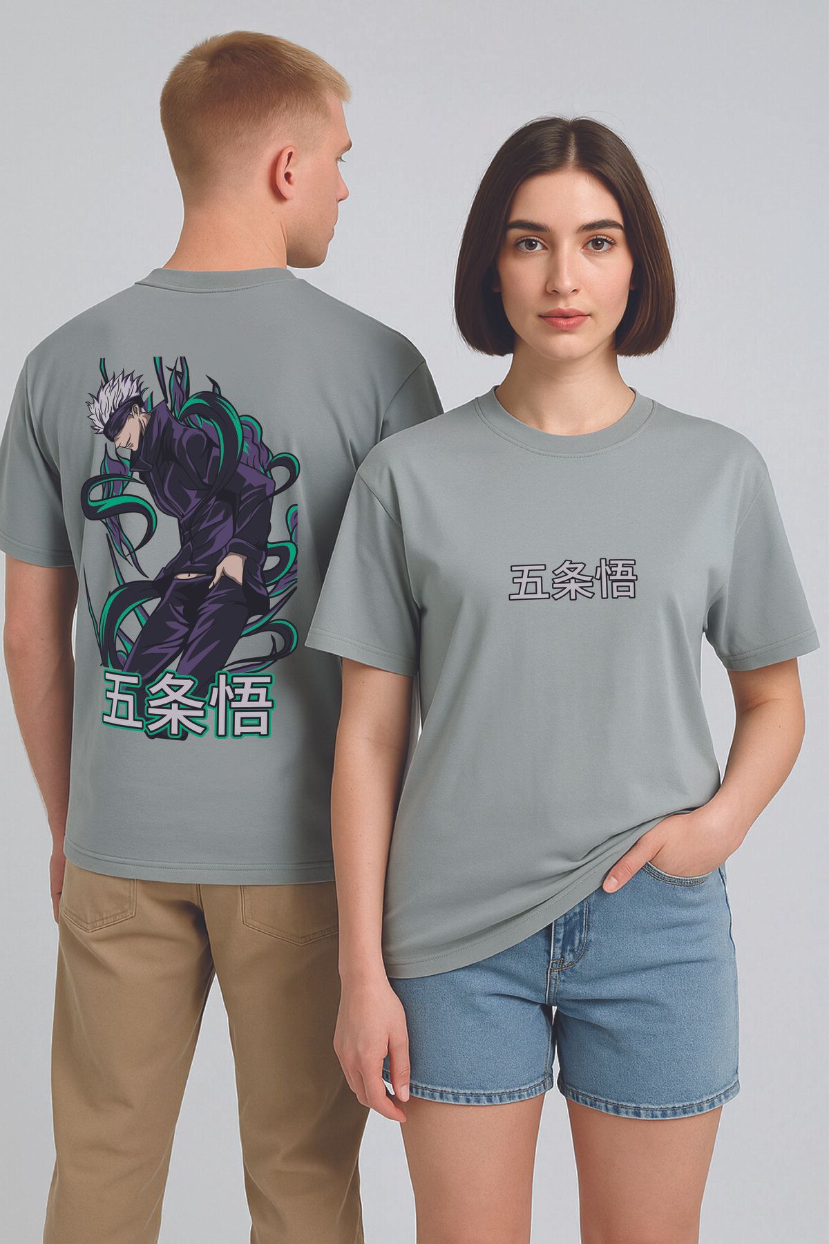 By Caspita Fashion Lenithra Jujutsu Kaisen Gojo Anime Sırt Baskılı Unisex Oversize Gri T-shirt