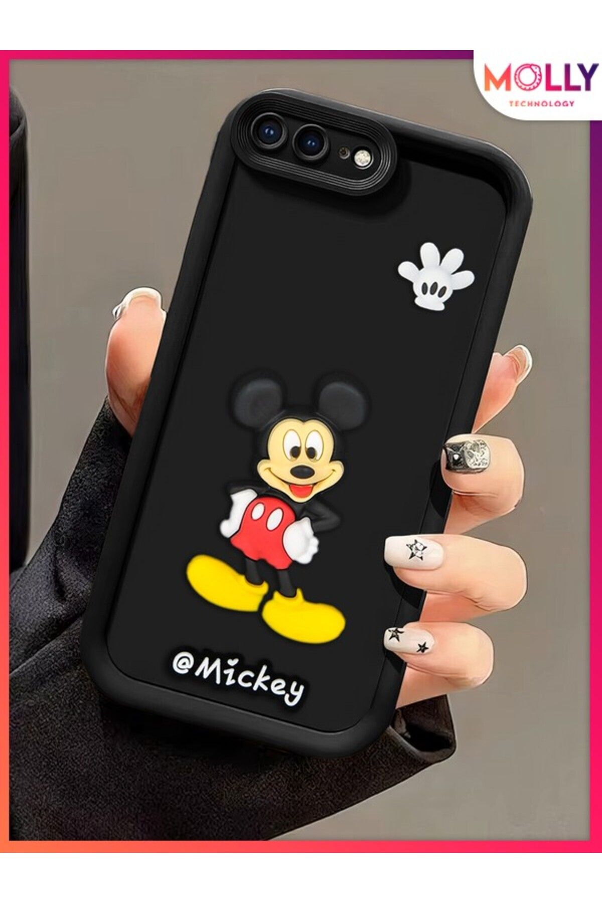 Molly iPhone 8 PLUS İçin Siyah Kenarları Kalın 3d Kabartmalı Mickey Silikon Kılıf