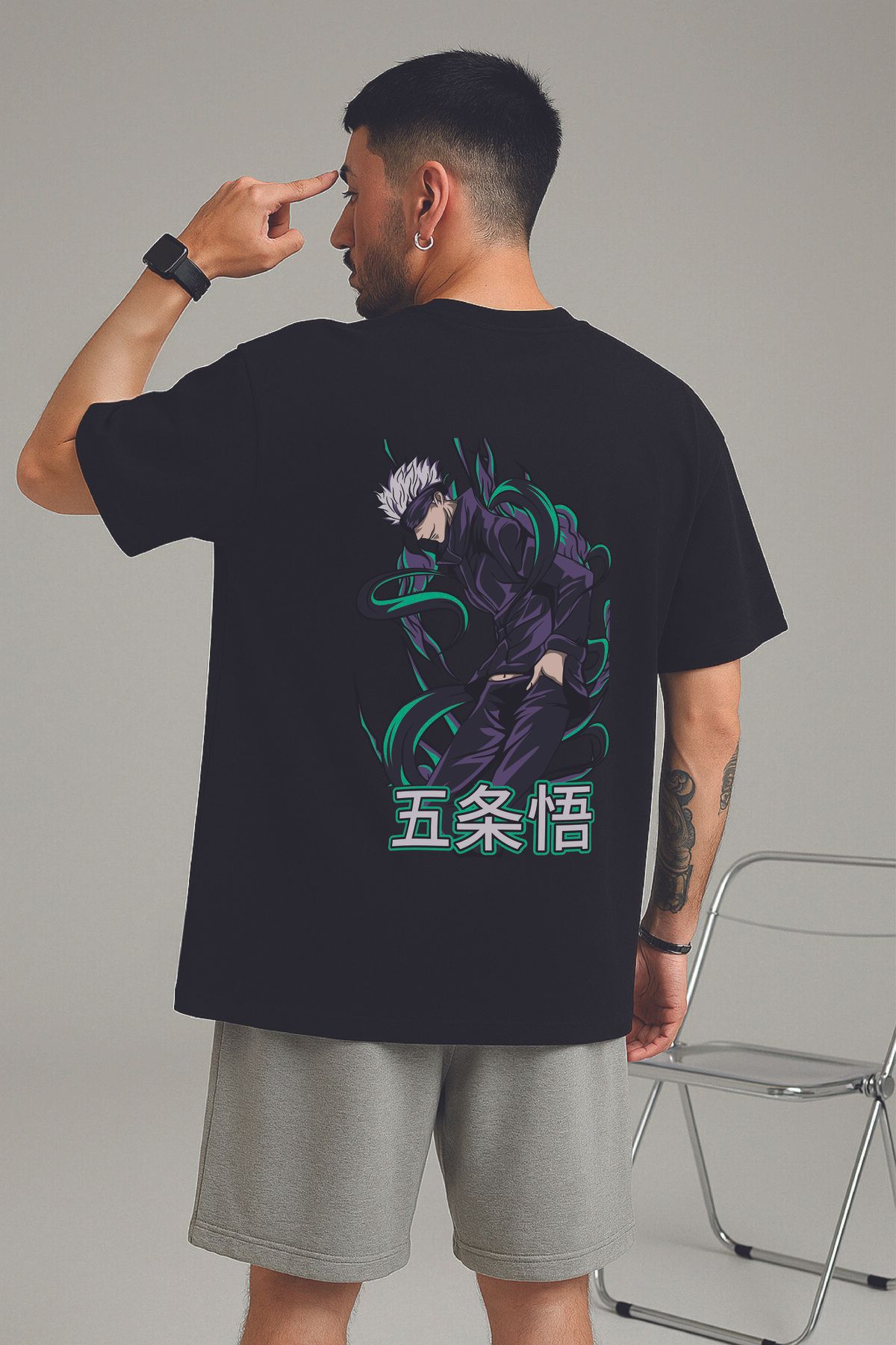 By Caspita Fashion Lenithra Jujutsu Kaisen Gojo Anime Sırt Baskılı Unisex Oversize Siyah T-shirt