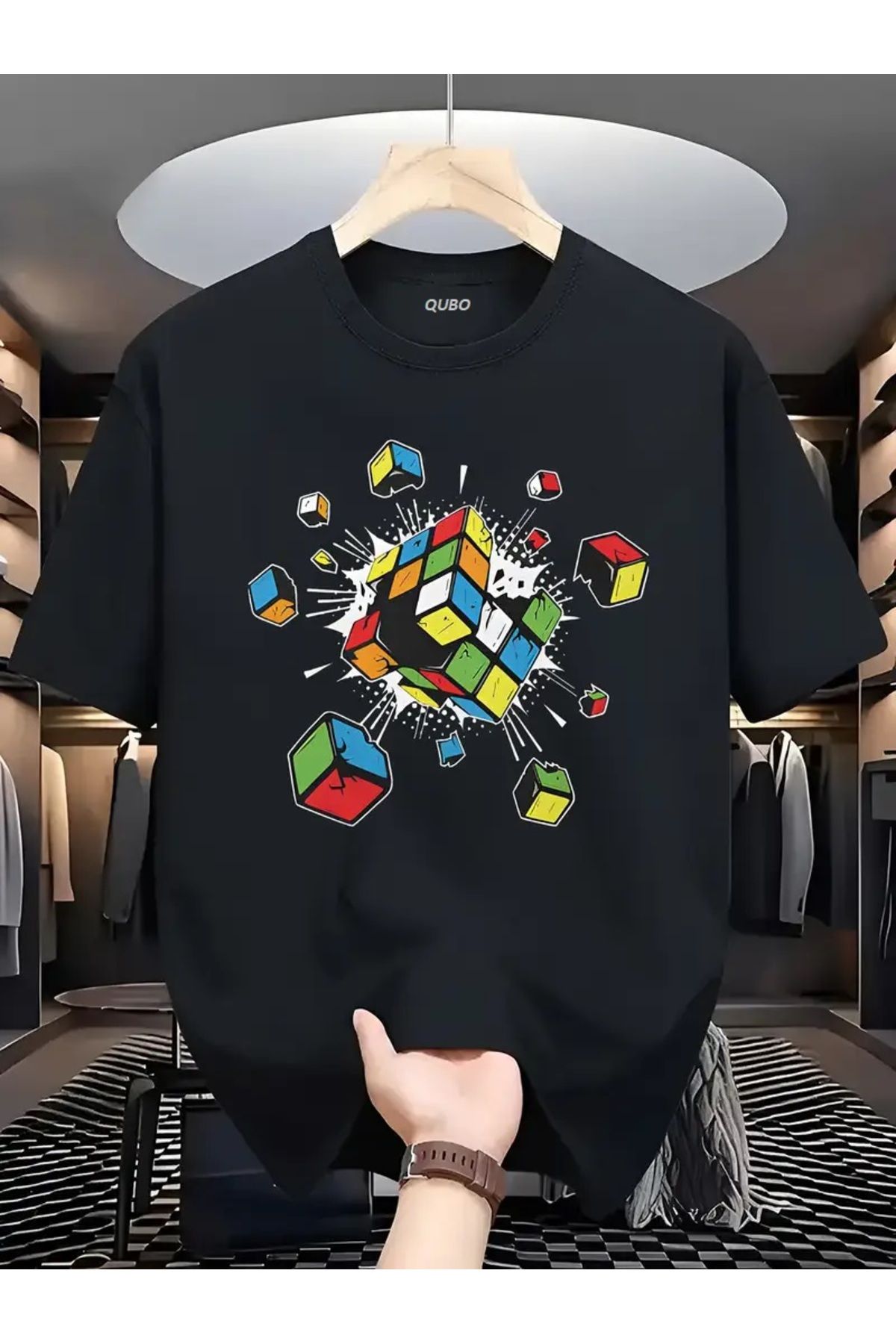 qubo sportswear & company qubo Unisex Oversize Baskılı Pamuklu Bisiklet Yaka Kısa Kollu SİYAH T-shirt