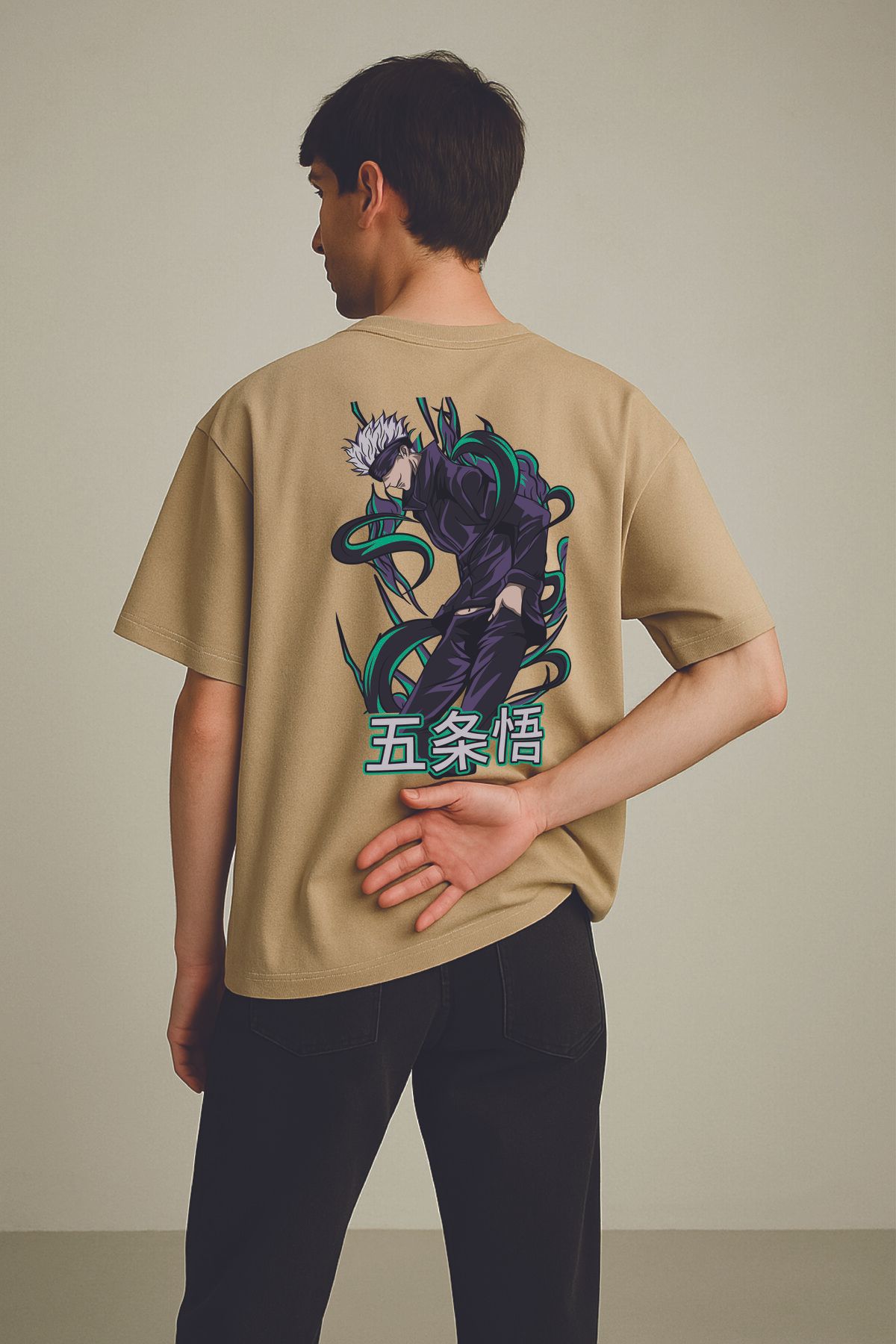 By Caspita Fashion Lenithra Jujutsu Kaisen Gojo Anime Sırt Baskılı Unisex Oversize Bej T-shirt