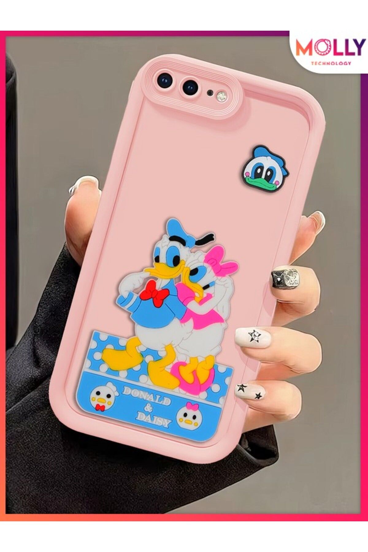 Molly iPhone 8 PLUS İçin Kum Pembesi Kenarları Kalın 3d Kabartmalı Donald Daisy Silikon Kılıf