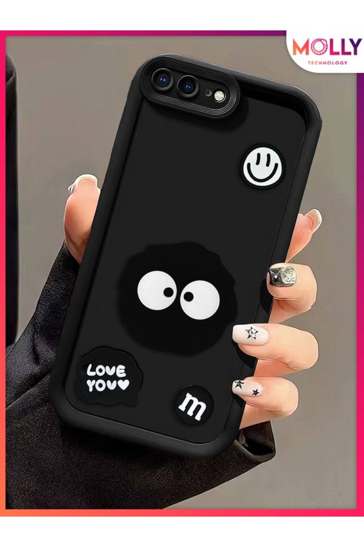 Molly iPhone 7 PLUS İçin Siyah Kenarları Kalın 3d Kabartmalı Cute Doodle Silikon Kılıf