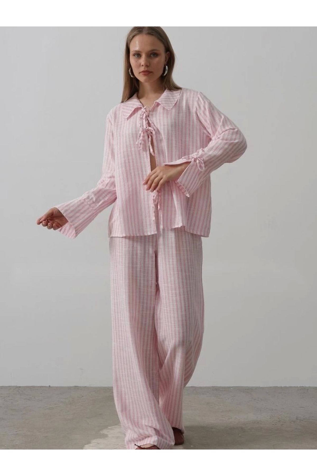 POLEXP Modern Bağlamalı Pantolon Takımı - Pembe