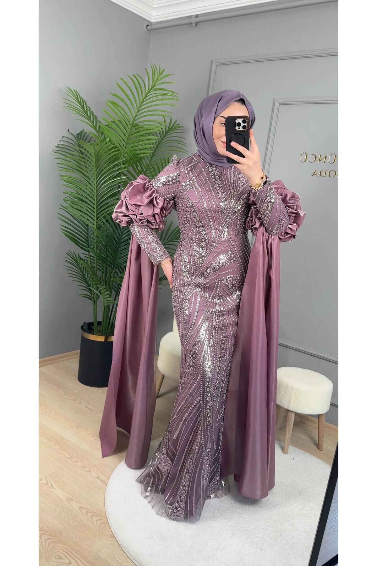 perfectmegastore New Elegans Taş İşlemeli Balon Kol Abiye Elbise-2445
