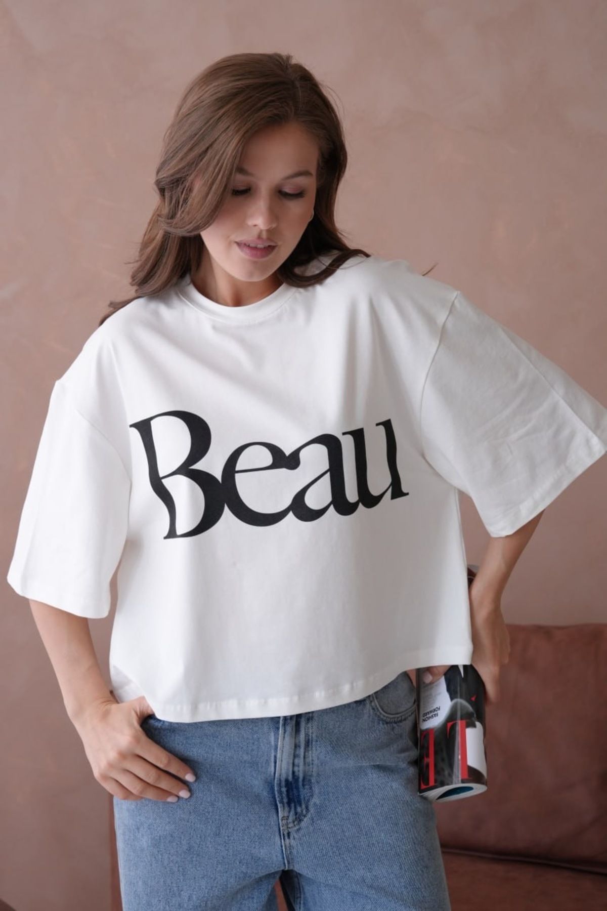 Noi Belis Basic 100% Pamuk Geniş Kalıp/Oversize Crop Boy İnce Yazlık T-Shirt SS25TS0002