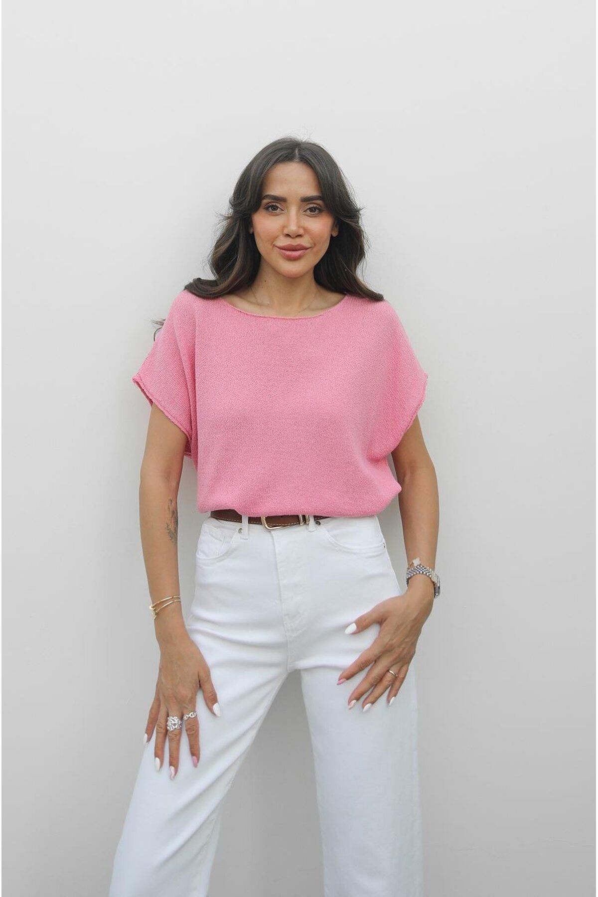 Havoş Pembe Joke Kısa Kollu Oversize Triko