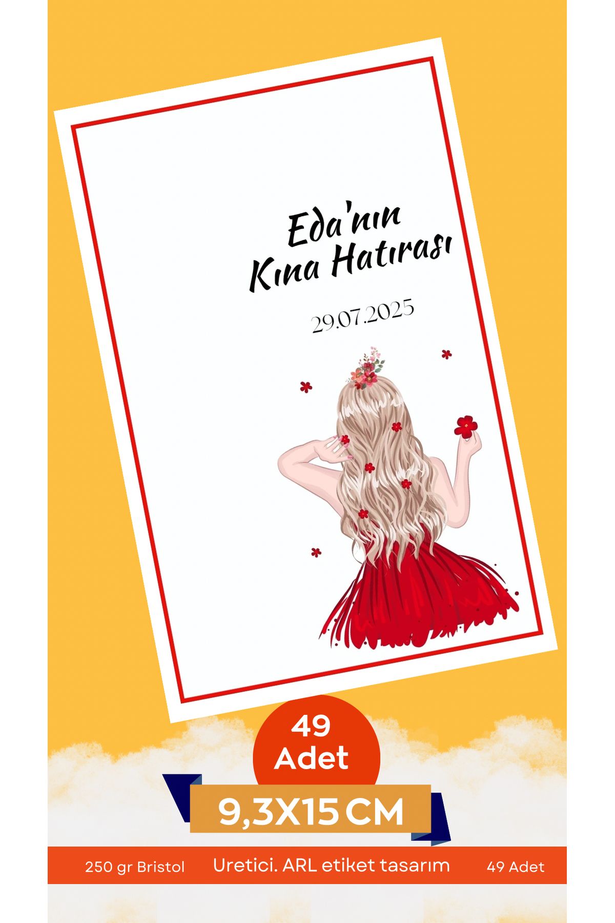 ARLetikettasarım Kına Hatırası Anahtarlık Kartı Kırmızı Çerçeveli 9,3x15 cm 49 Adet